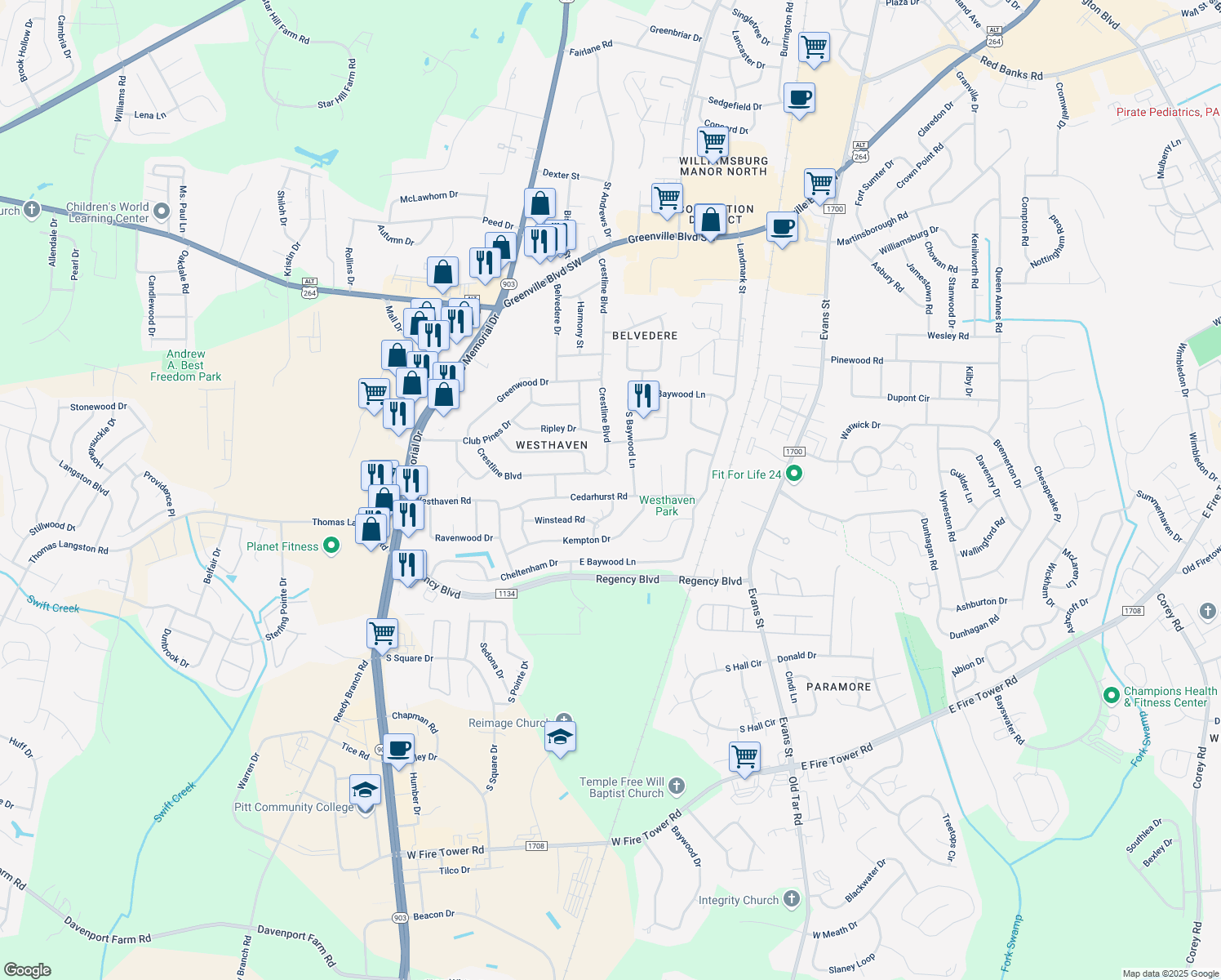 map of restaurants, bars, coffee shops, grocery stores, and more near 500 Cedarhurst Road in Greenville