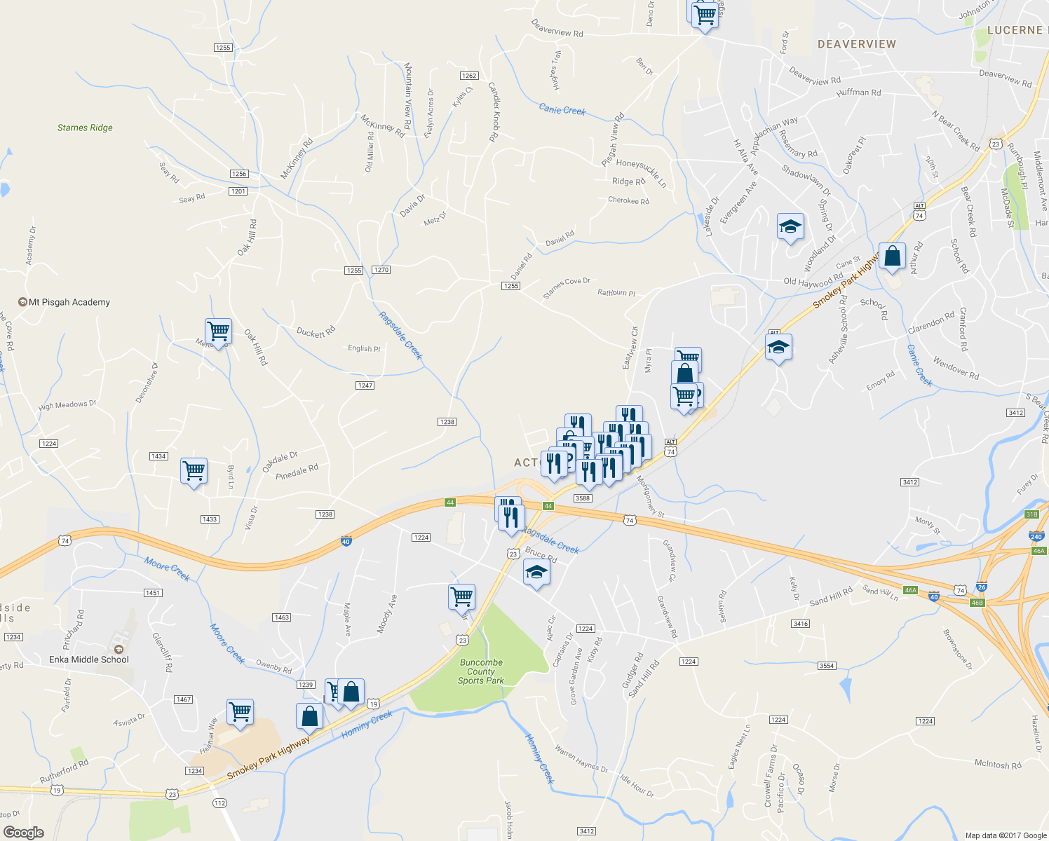 map of restaurants, bars, coffee shops, grocery stores, and more near 65 Crowell Road in Asheville