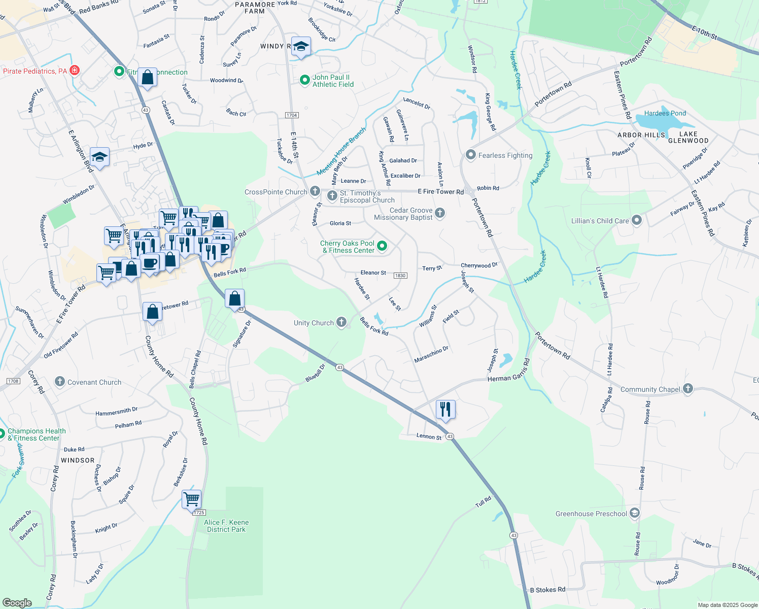 map of restaurants, bars, coffee shops, grocery stores, and more near 110 Harell Street in Greenville