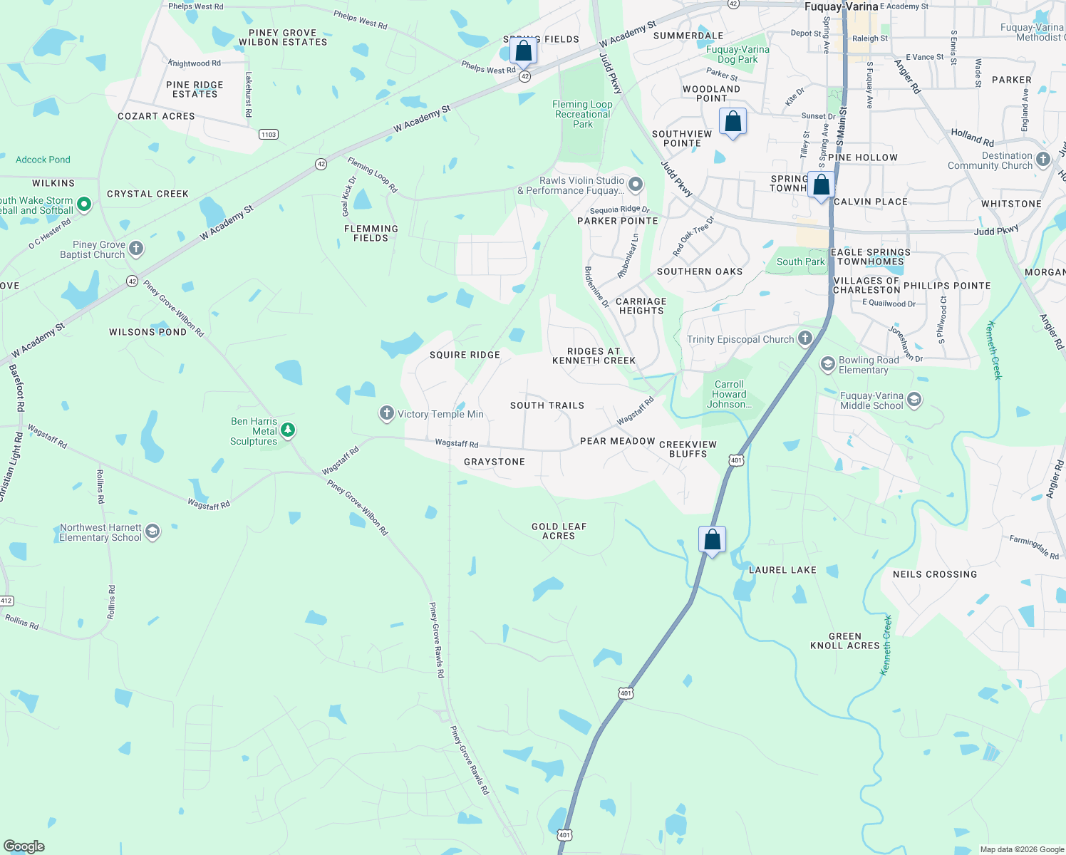 map of restaurants, bars, coffee shops, grocery stores, and more near 917 Cricket Knoll Road in Fuquay Varina