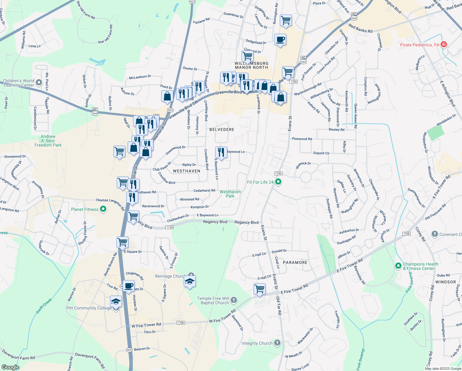 map of restaurants, bars, coffee shops, grocery stores, and more near 209 Bristol Court in Greenville