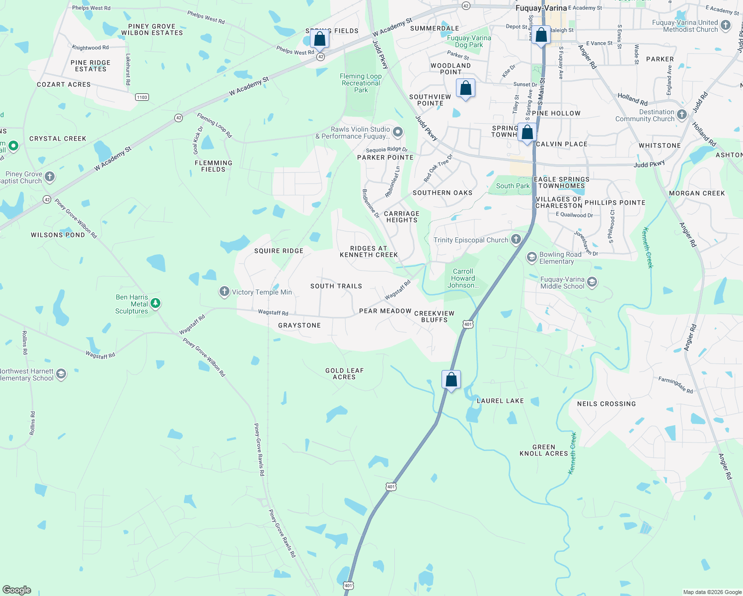 map of restaurants, bars, coffee shops, grocery stores, and more near 508 Wagstaff Road in Fuquay Varina