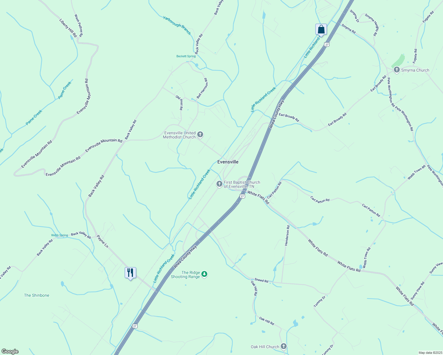 map of restaurants, bars, coffee shops, grocery stores, and more near 100 White Flats Road in Evensville