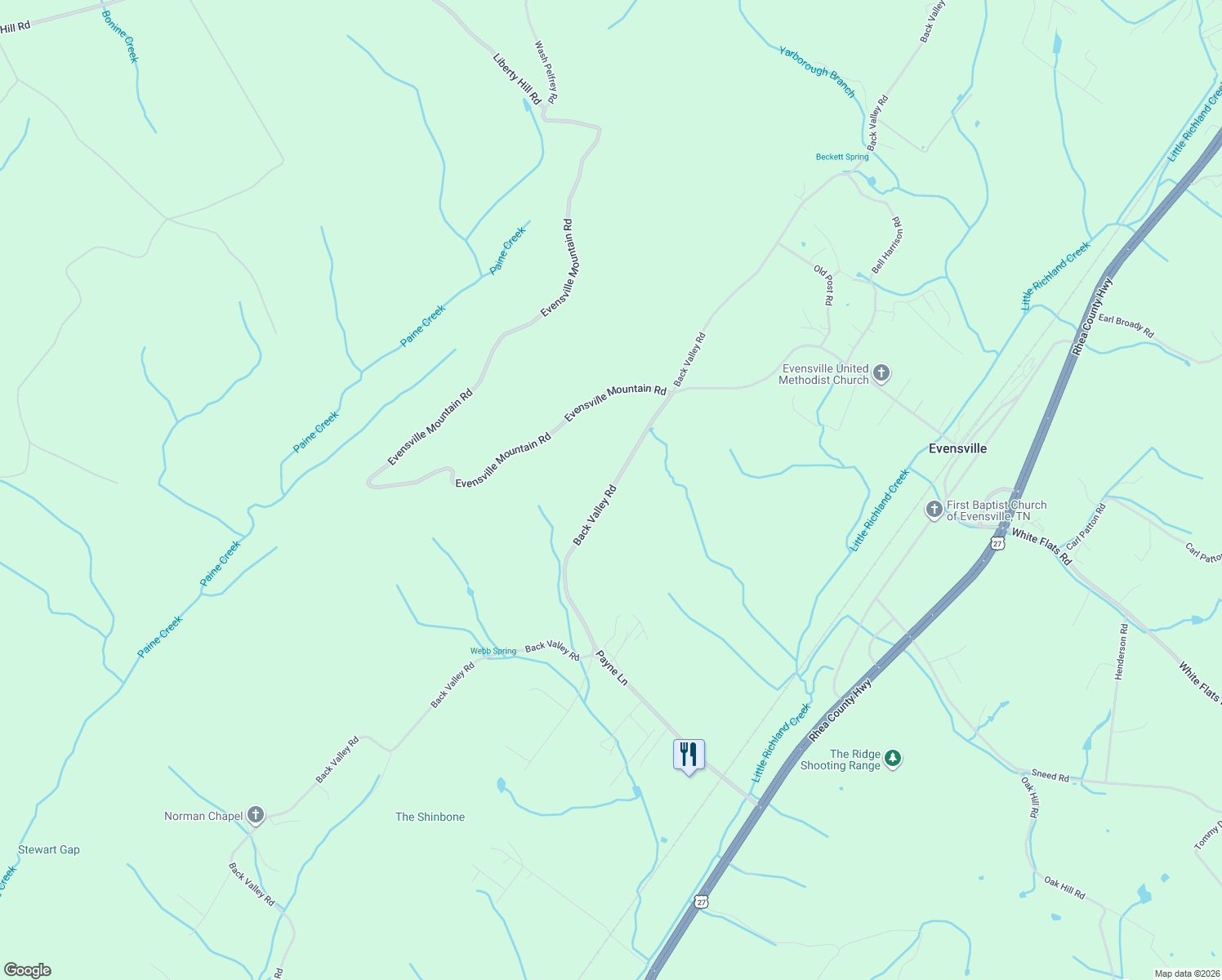 map of restaurants, bars, coffee shops, grocery stores, and more near 6420 Back Valley Road in Evensville