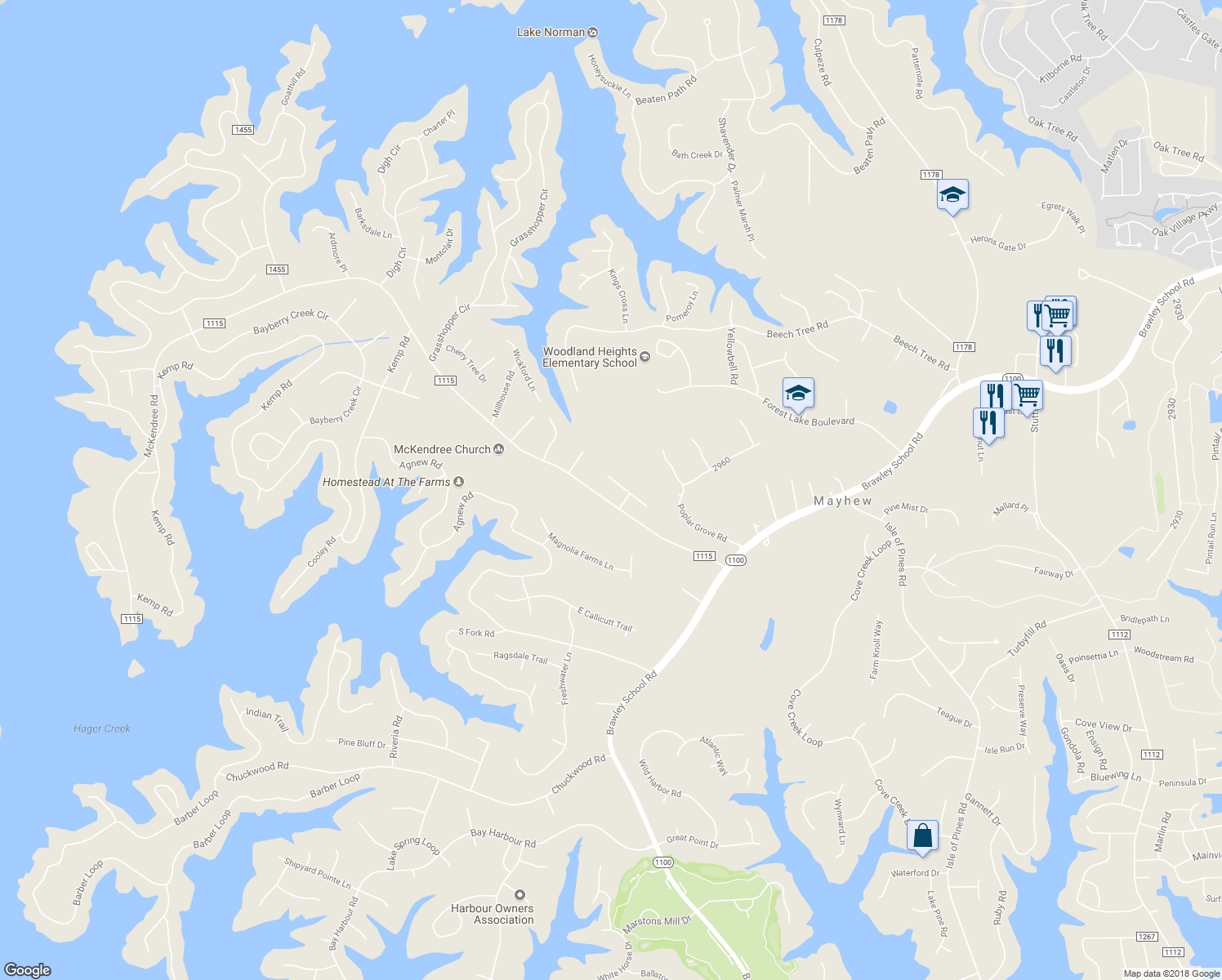 map of restaurants, bars, coffee shops, grocery stores, and more near 120 Ridgebrook Drive in Mooresville