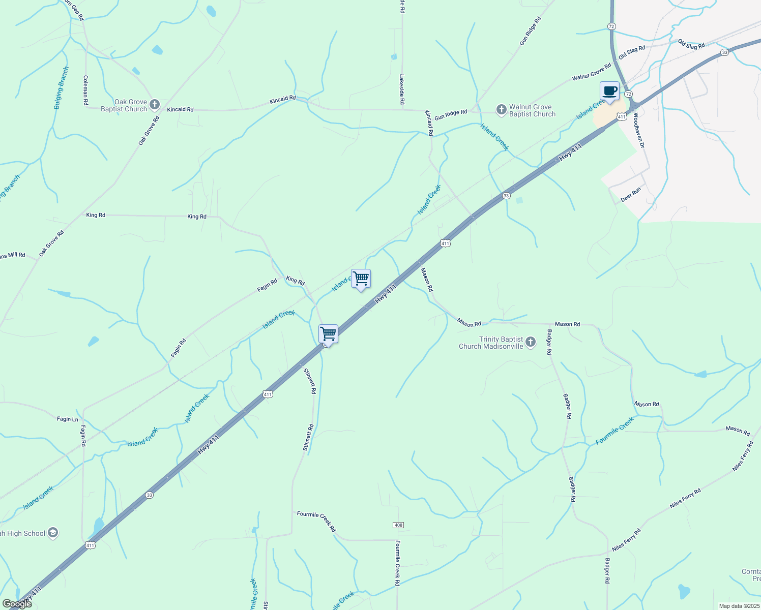 map of restaurants, bars, coffee shops, grocery stores, and more near 2467 U.S. 411 in Madisonville