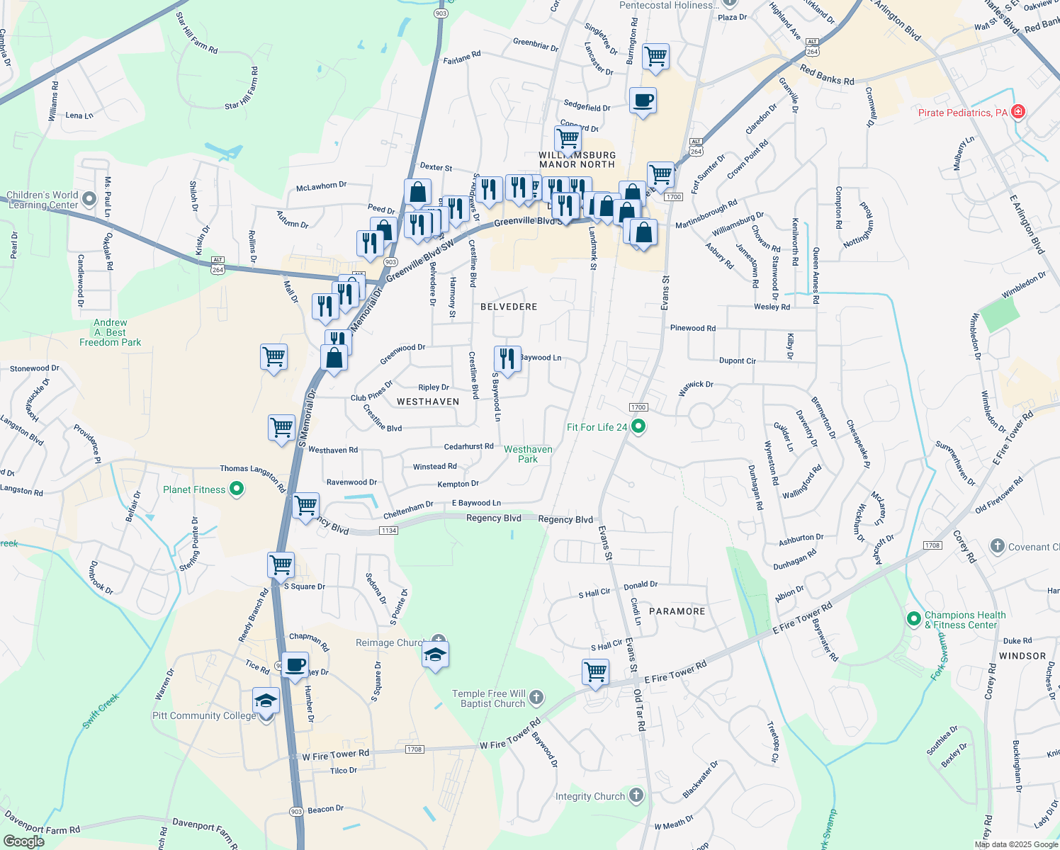 map of restaurants, bars, coffee shops, grocery stores, and more near 205 Bristol Court in Greenville