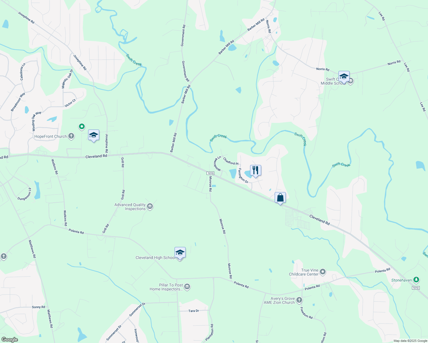 map of restaurants, bars, coffee shops, grocery stores, and more near 57 Woodcreek Lane in Clayton