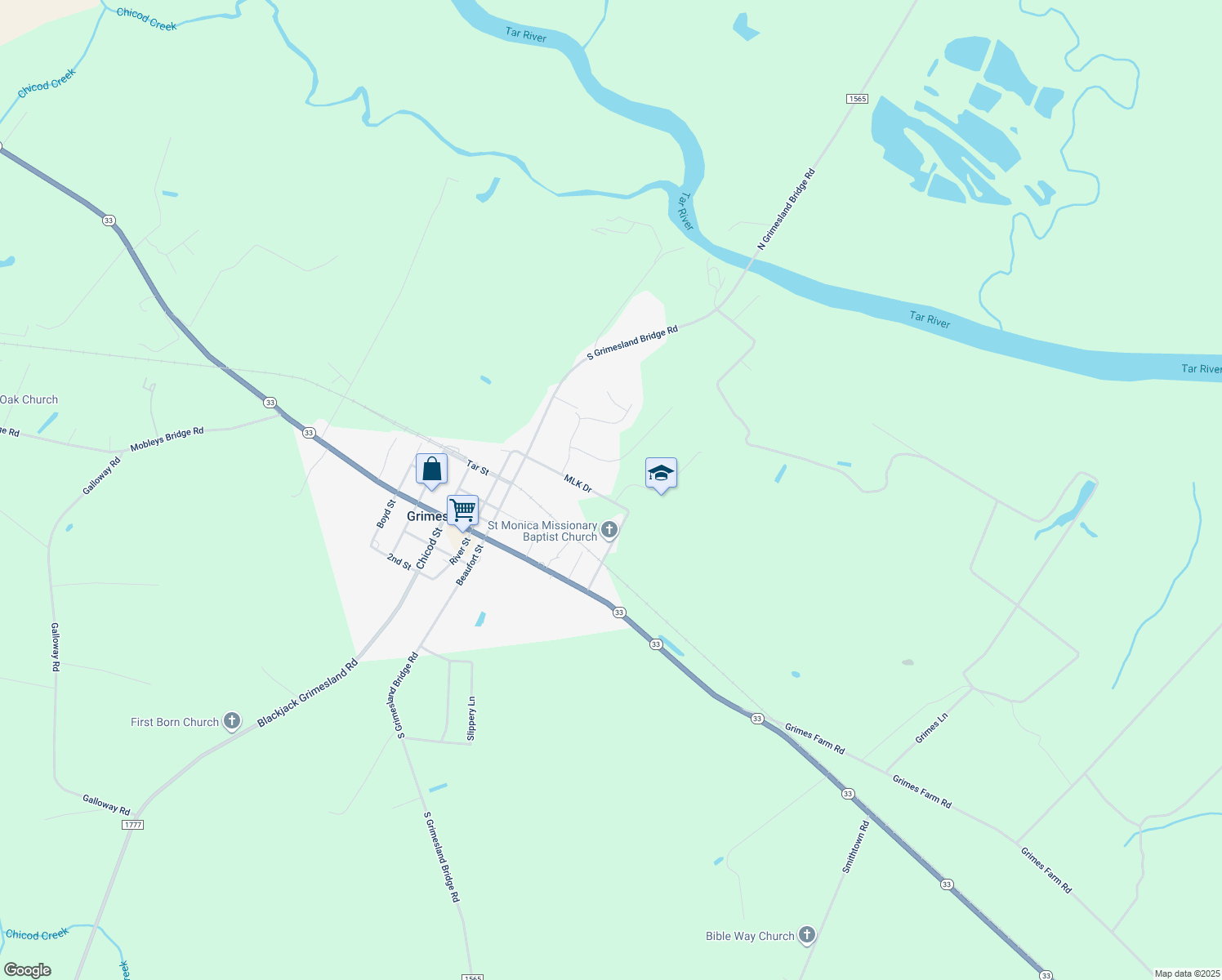 map of restaurants, bars, coffee shops, grocery stores, and more near 4809 School Rd in Grimesland