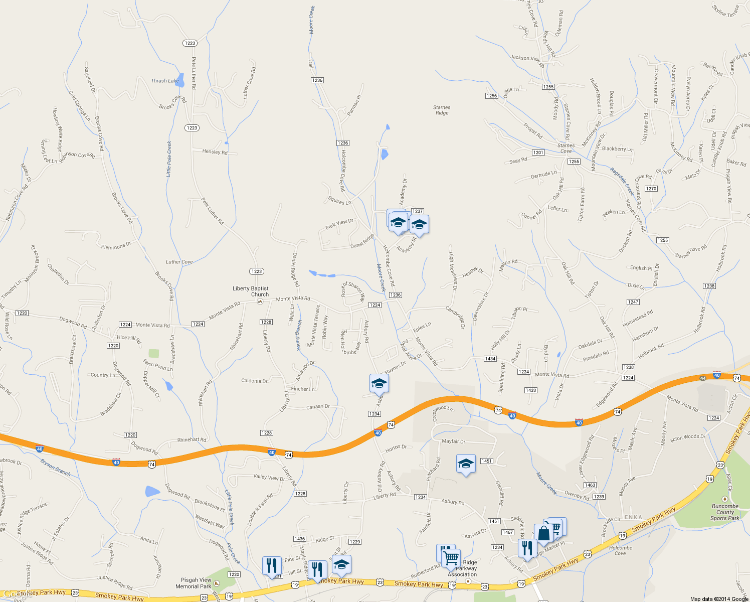 map of restaurants, bars, coffee shops, grocery stores, and more near 720 Monte Vista Road in Candler