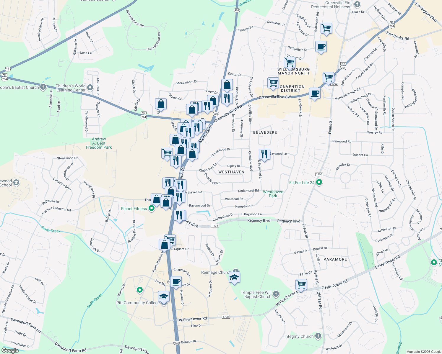 map of restaurants, bars, coffee shops, grocery stores, and more near 110 Antler Rd in Greenville