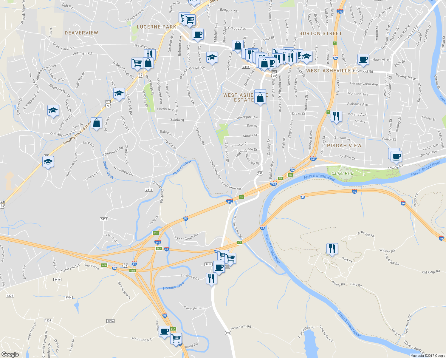 map of restaurants, bars, coffee shops, grocery stores, and more near 123 Shelburne Road in Asheville