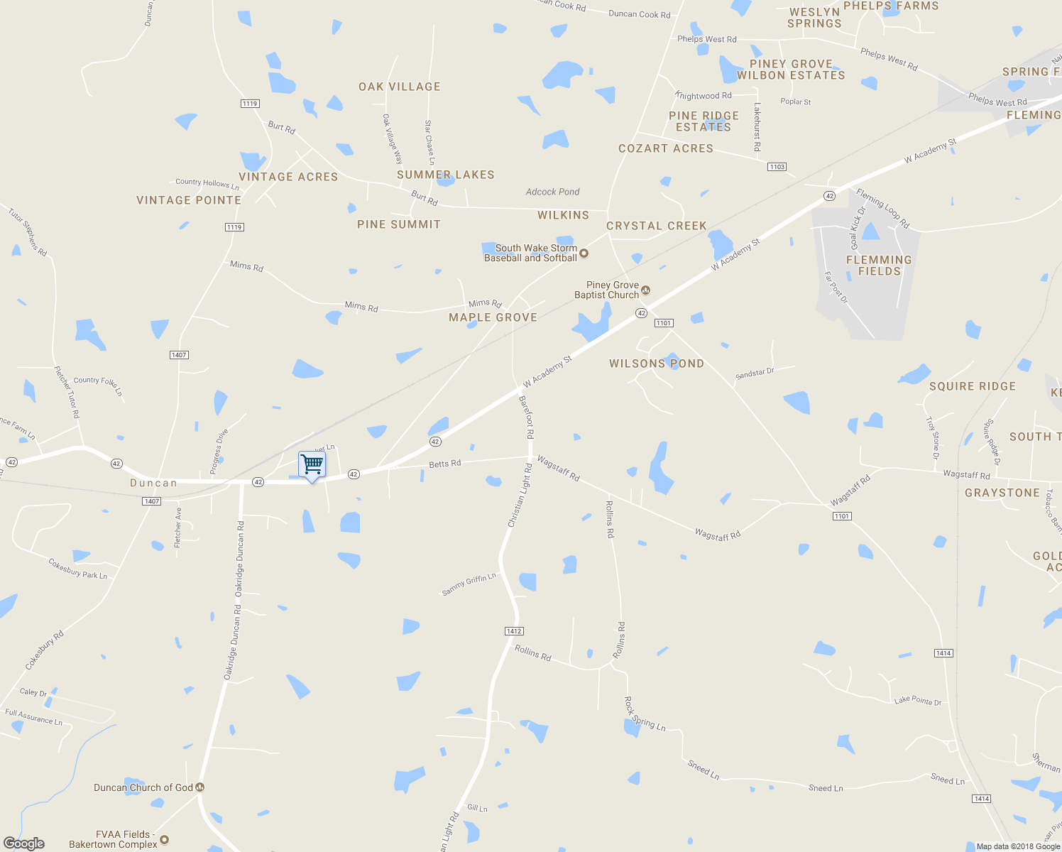 map of restaurants, bars, coffee shops, grocery stores, and more near 7828 Barefoot Road in Fuquay Varina