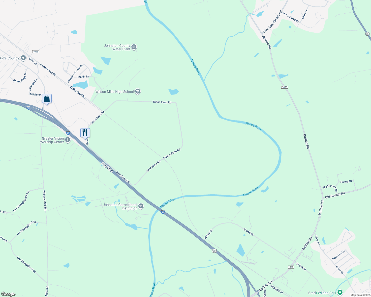 map of restaurants, bars, coffee shops, grocery stores, and more near 664 Bear Farm Road in Smithfield