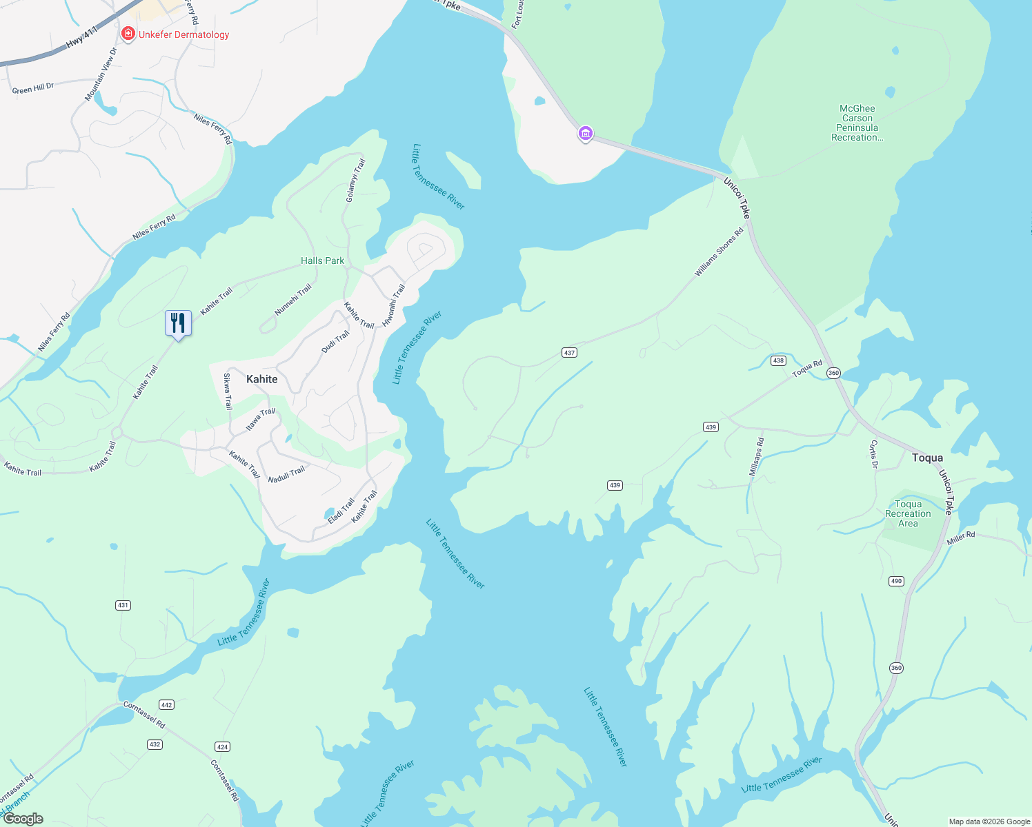 map of restaurants, bars, coffee shops, grocery stores, and more near 145 Volunteer Lane in Vonore