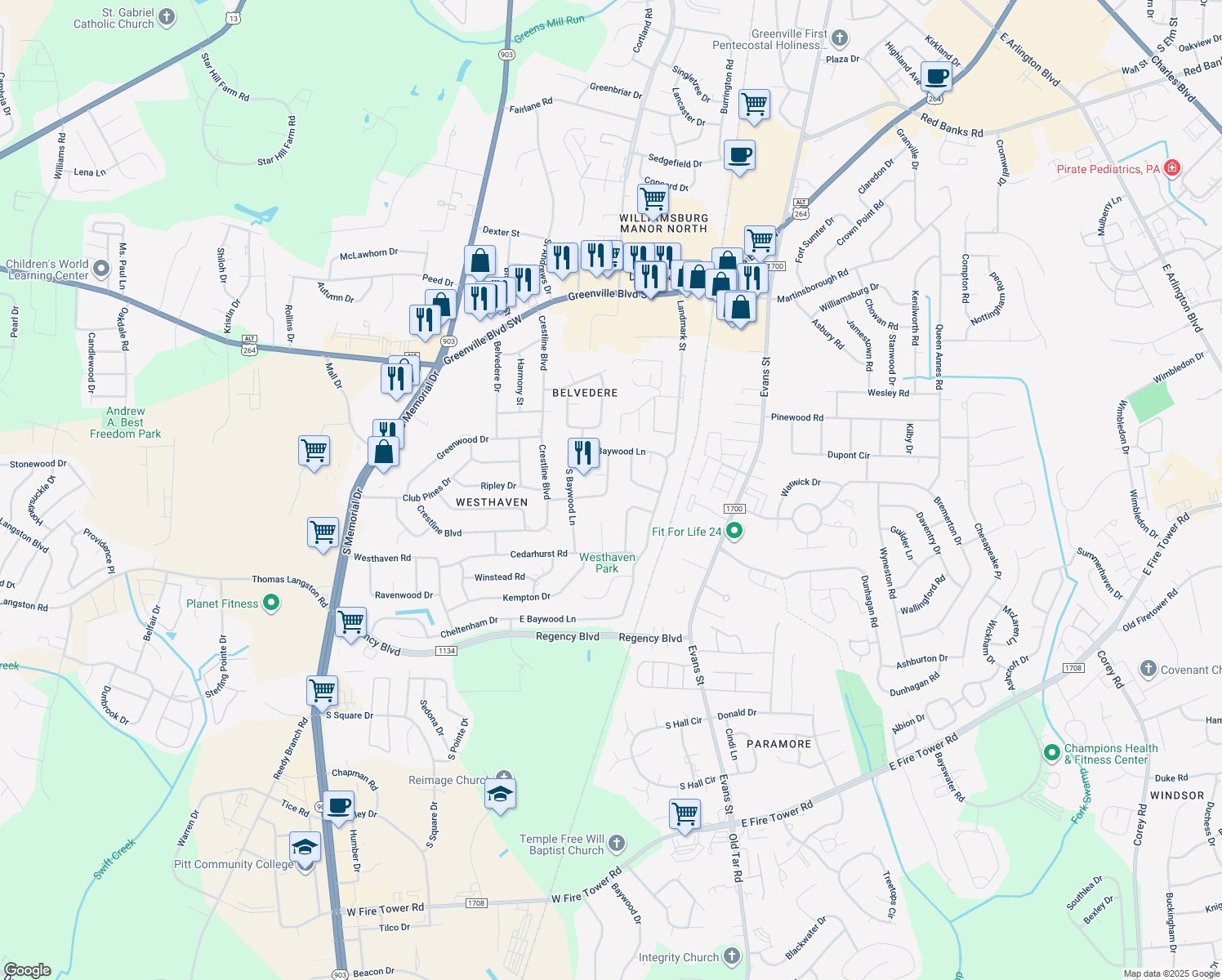 map of restaurants, bars, coffee shops, grocery stores, and more near 205 Woodhaven Road in Greenville