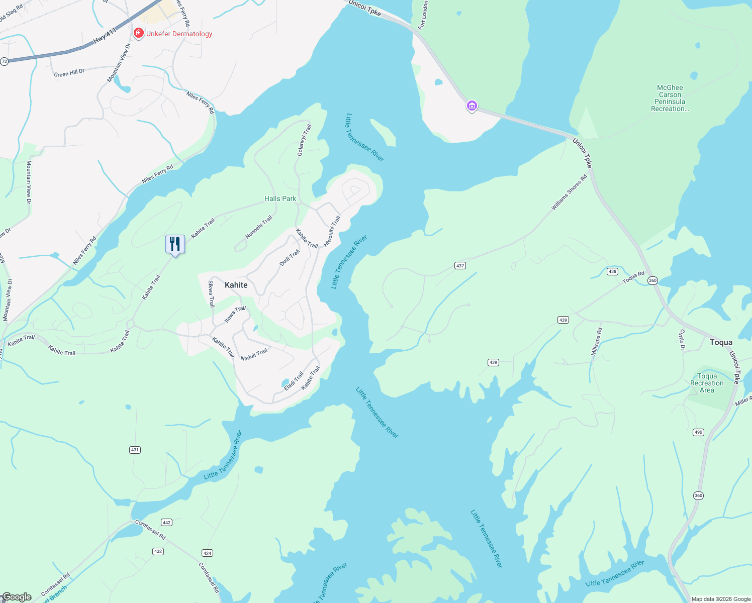 map of restaurants, bars, coffee shops, grocery stores, and more near 220 Thunder Road in Vonore