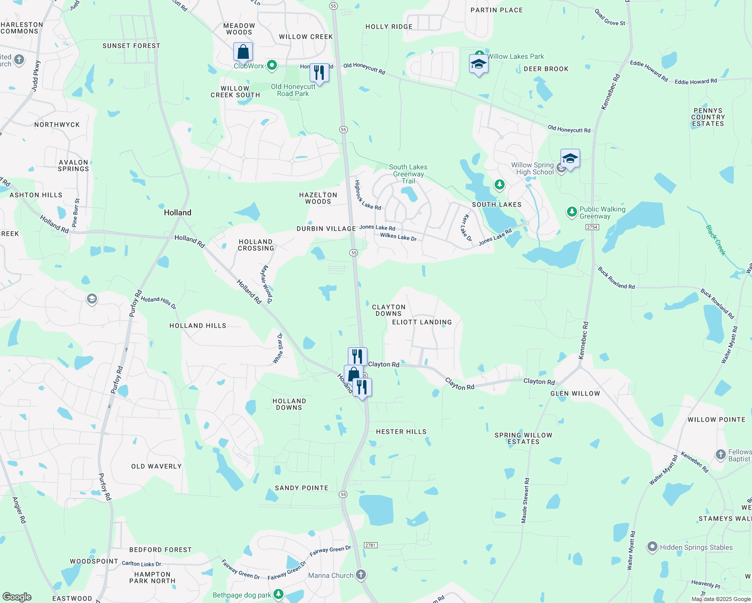 map of restaurants, bars, coffee shops, grocery stores, and more near 7100 Partinwood Dr in Fuquay-Varina