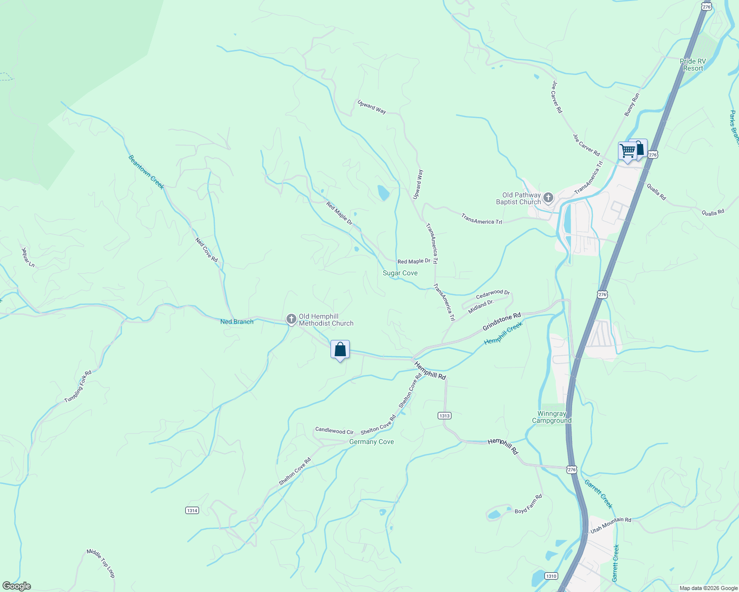 map of restaurants, bars, coffee shops, grocery stores, and more near 525 Higher Ground Ridge in Waynesville