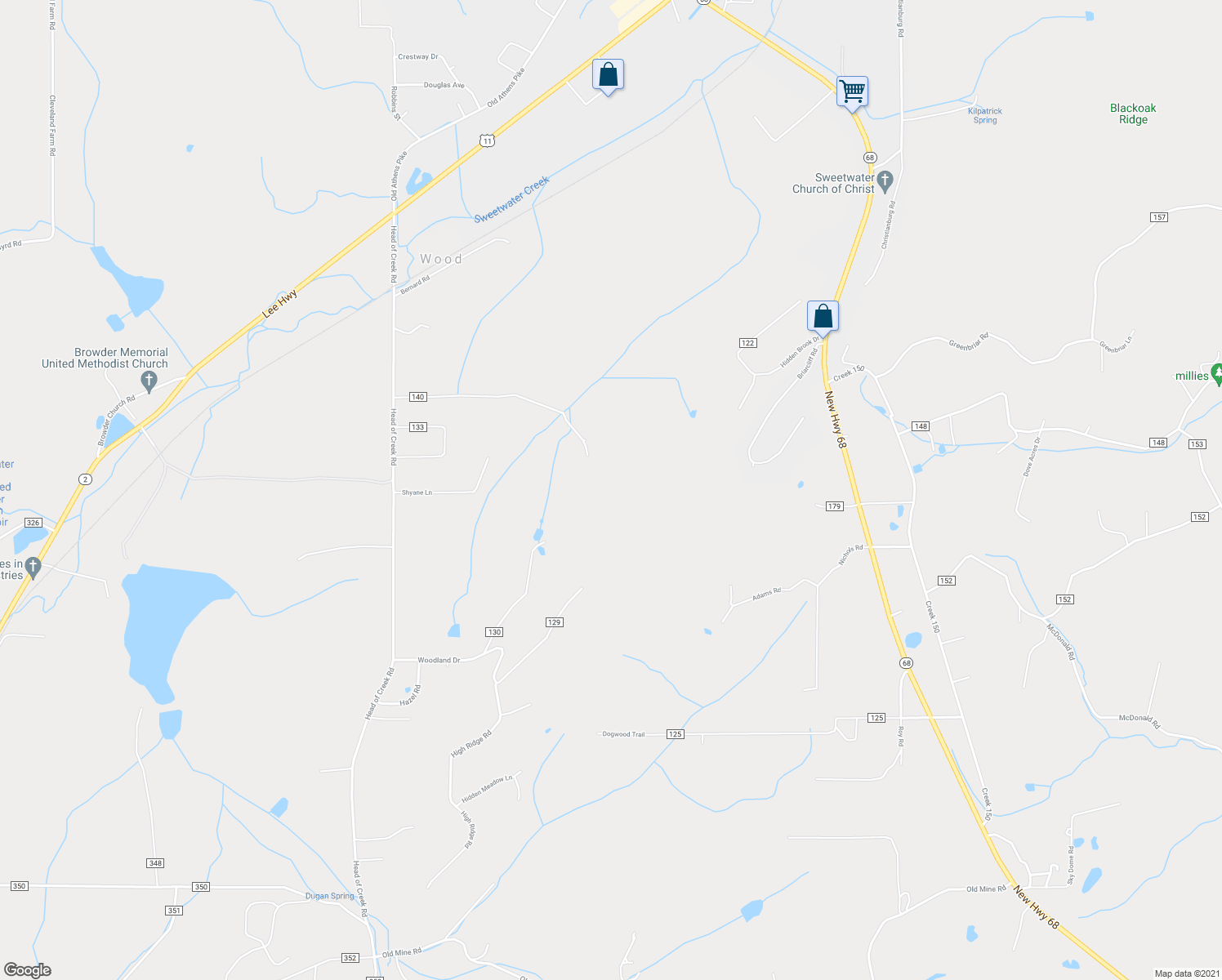 map of restaurants, bars, coffee shops, grocery stores, and more near 407 Woodland Drive in Sweetwater