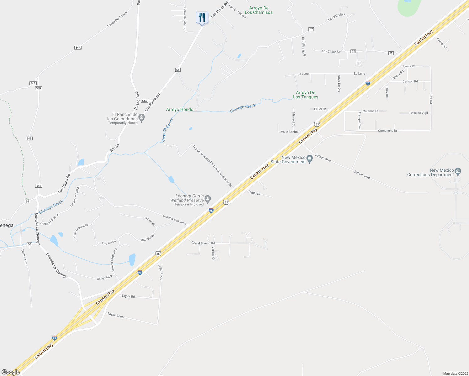 map of restaurants, bars, coffee shops, grocery stores, and more near 25 West Frontage Road in Santa Fe