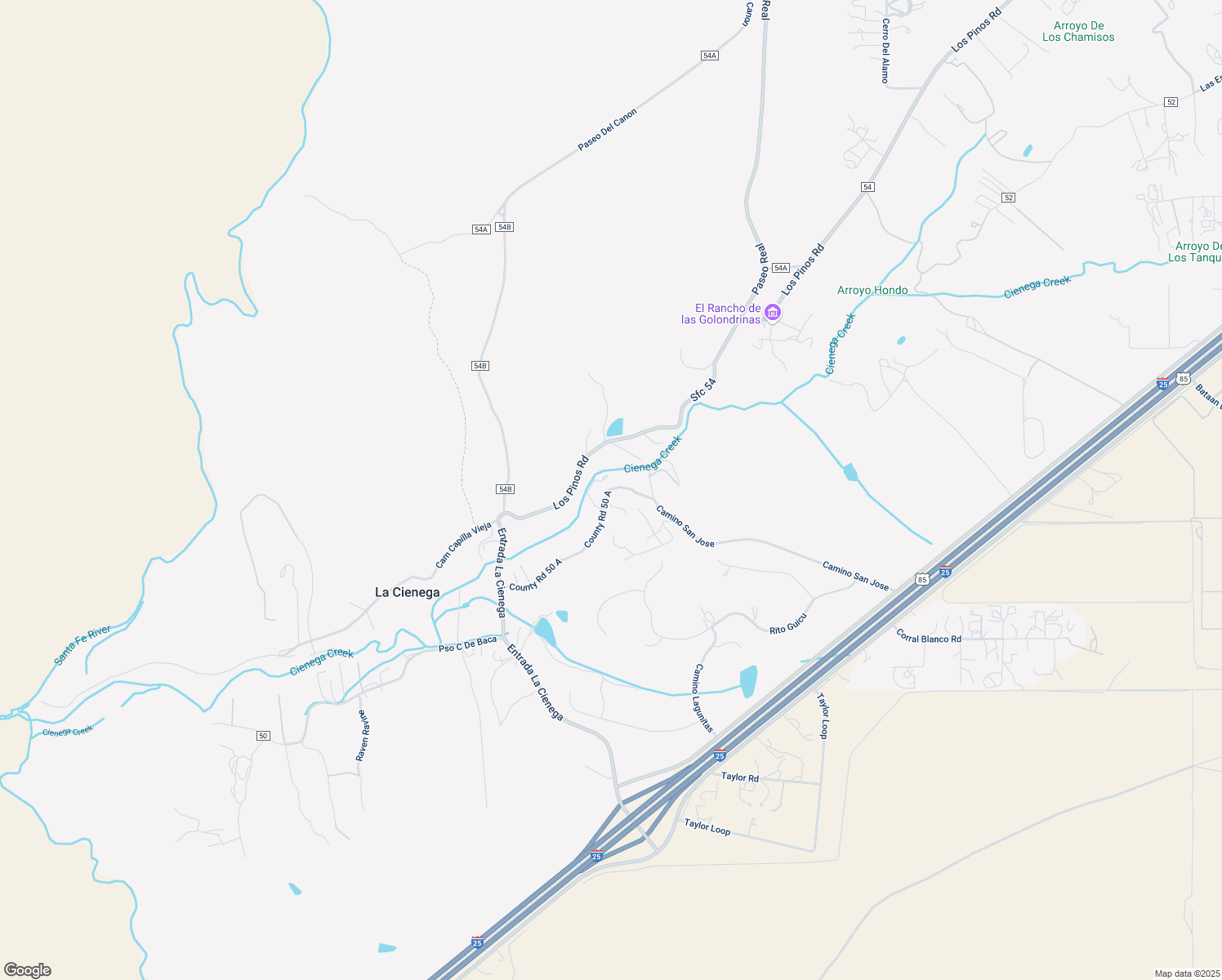 map of restaurants, bars, coffee shops, grocery stores, and more near 99 Camino San Jose in Santa Fe