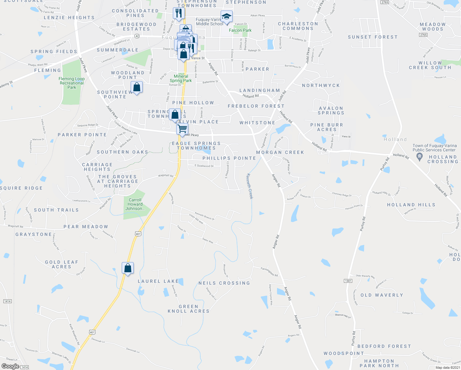 map of restaurants, bars, coffee shops, grocery stores, and more near 1063 S Philwood Ct in Fuquay-Varina