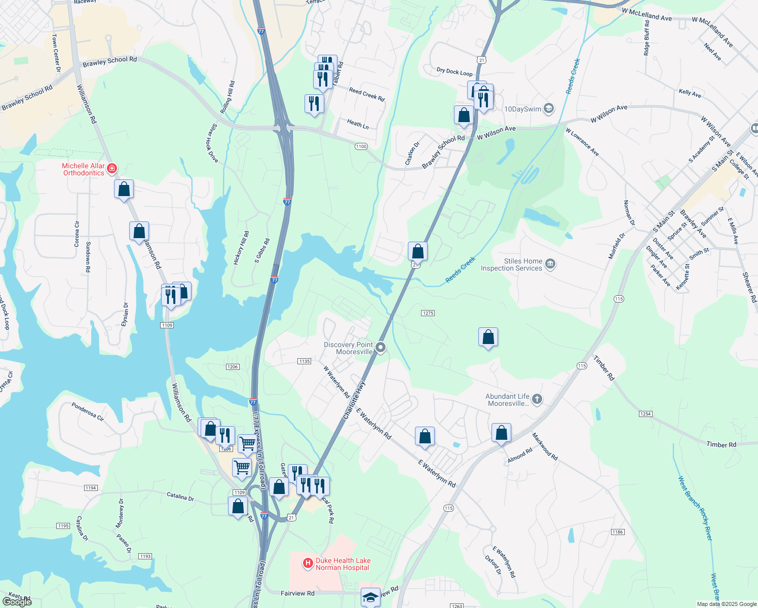 map of restaurants, bars, coffee shops, grocery stores, and more near 124 Huntington Ln in Mooresville