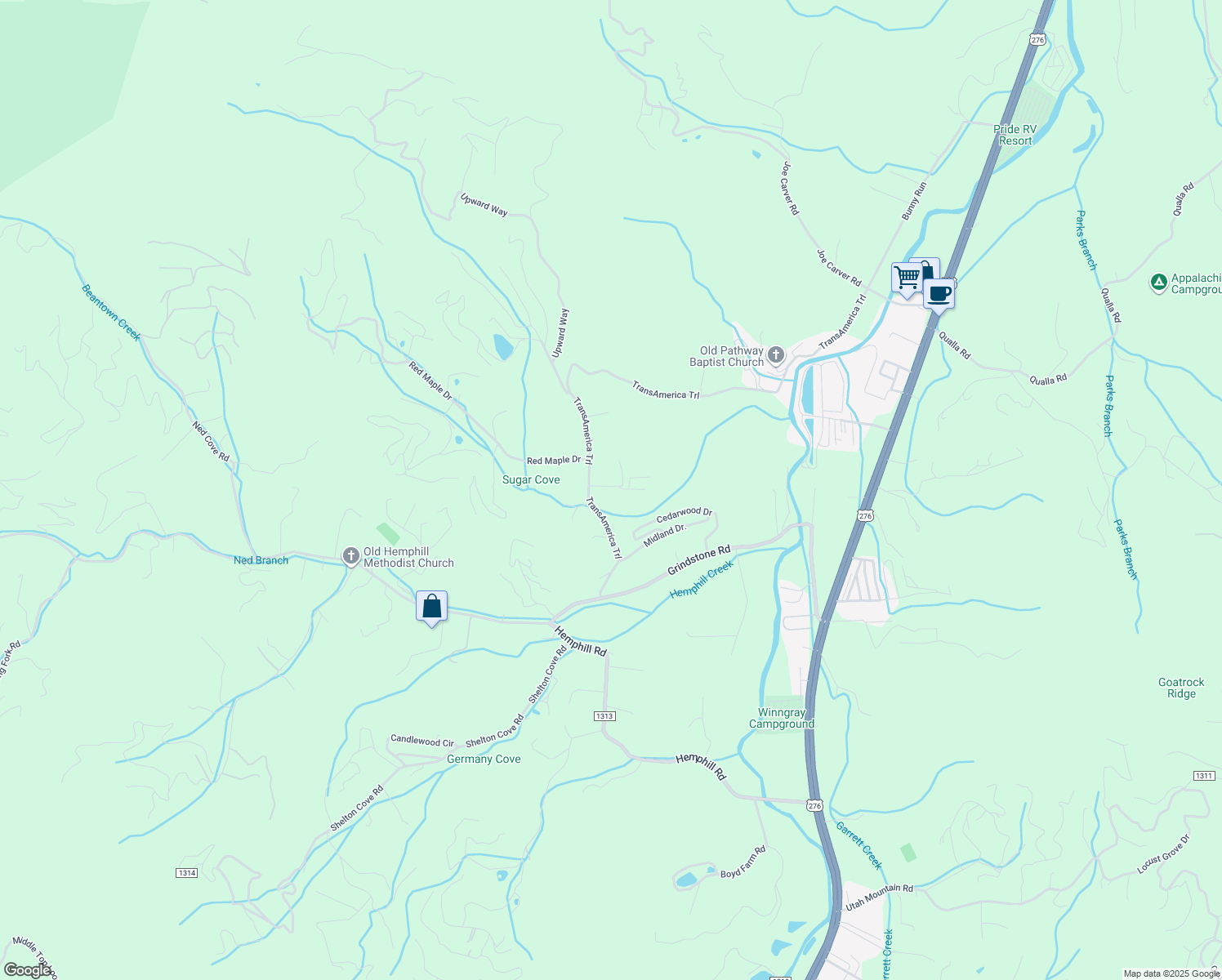 map of restaurants, bars, coffee shops, grocery stores, and more near 80 Elderberry Lane in Waynesville