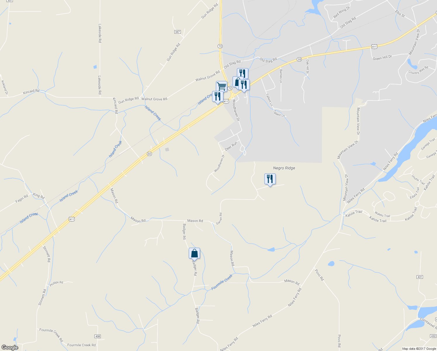 map of restaurants, bars, coffee shops, grocery stores, and more near 105 Coyote Circle in Vonore