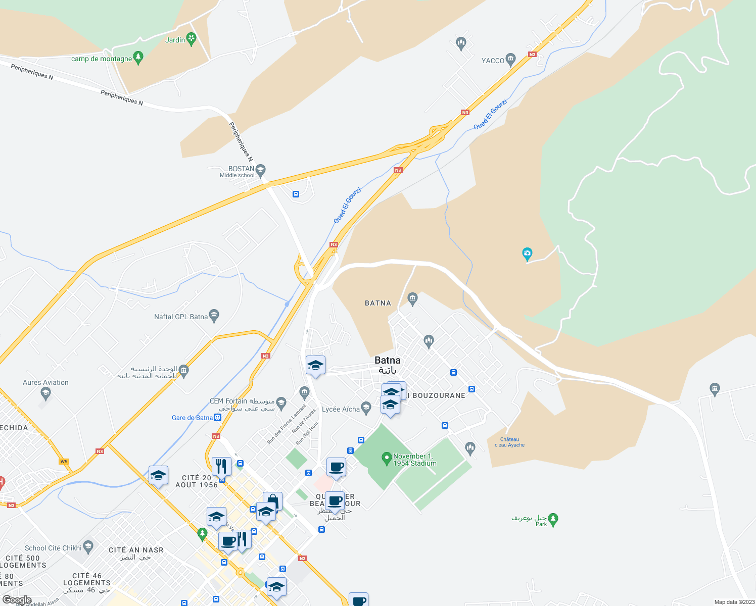 map of restaurants, bars, coffee shops, grocery stores, and more near in Batna
