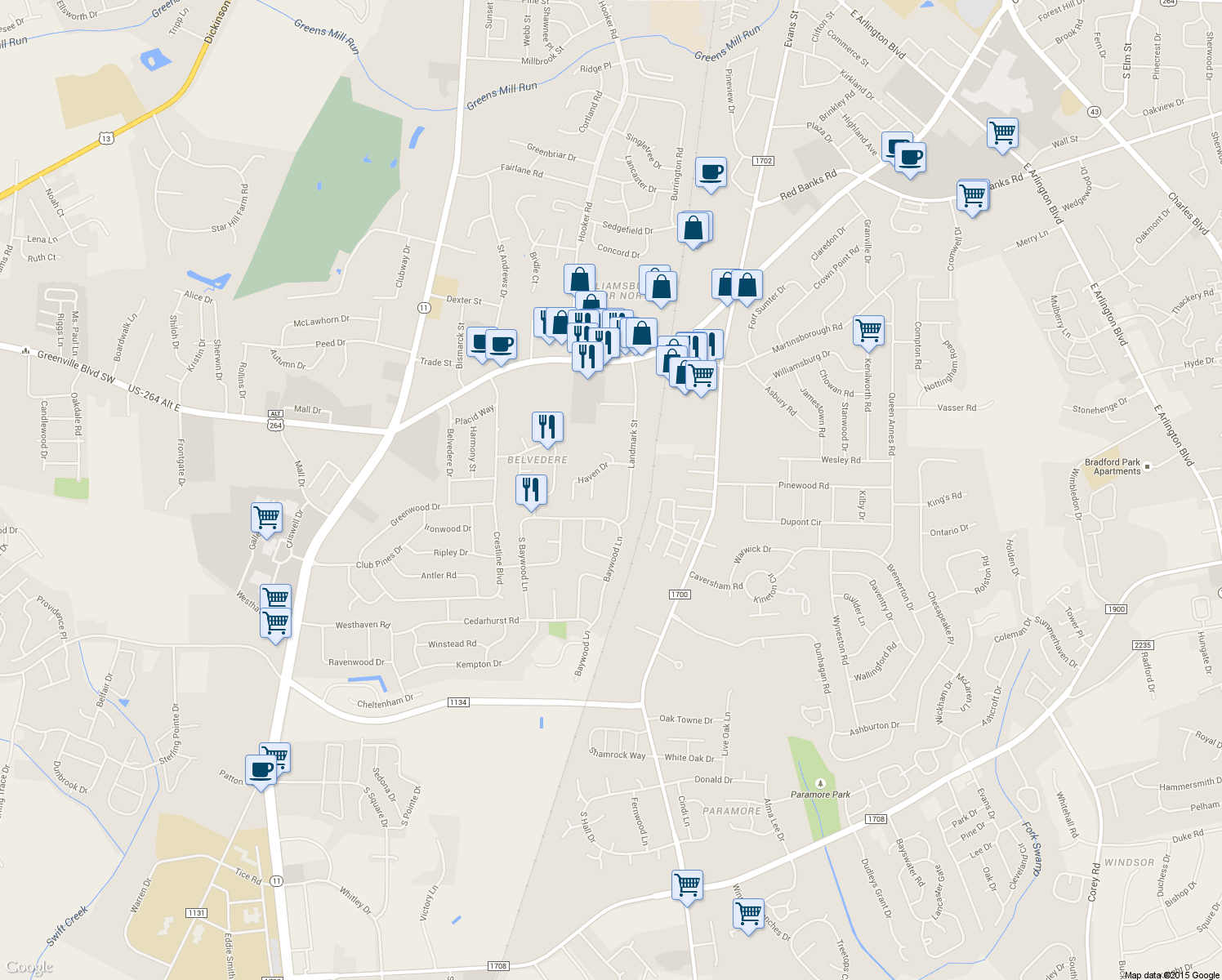 map of restaurants, bars, coffee shops, grocery stores, and more near 324 Haven Drive in Greenville