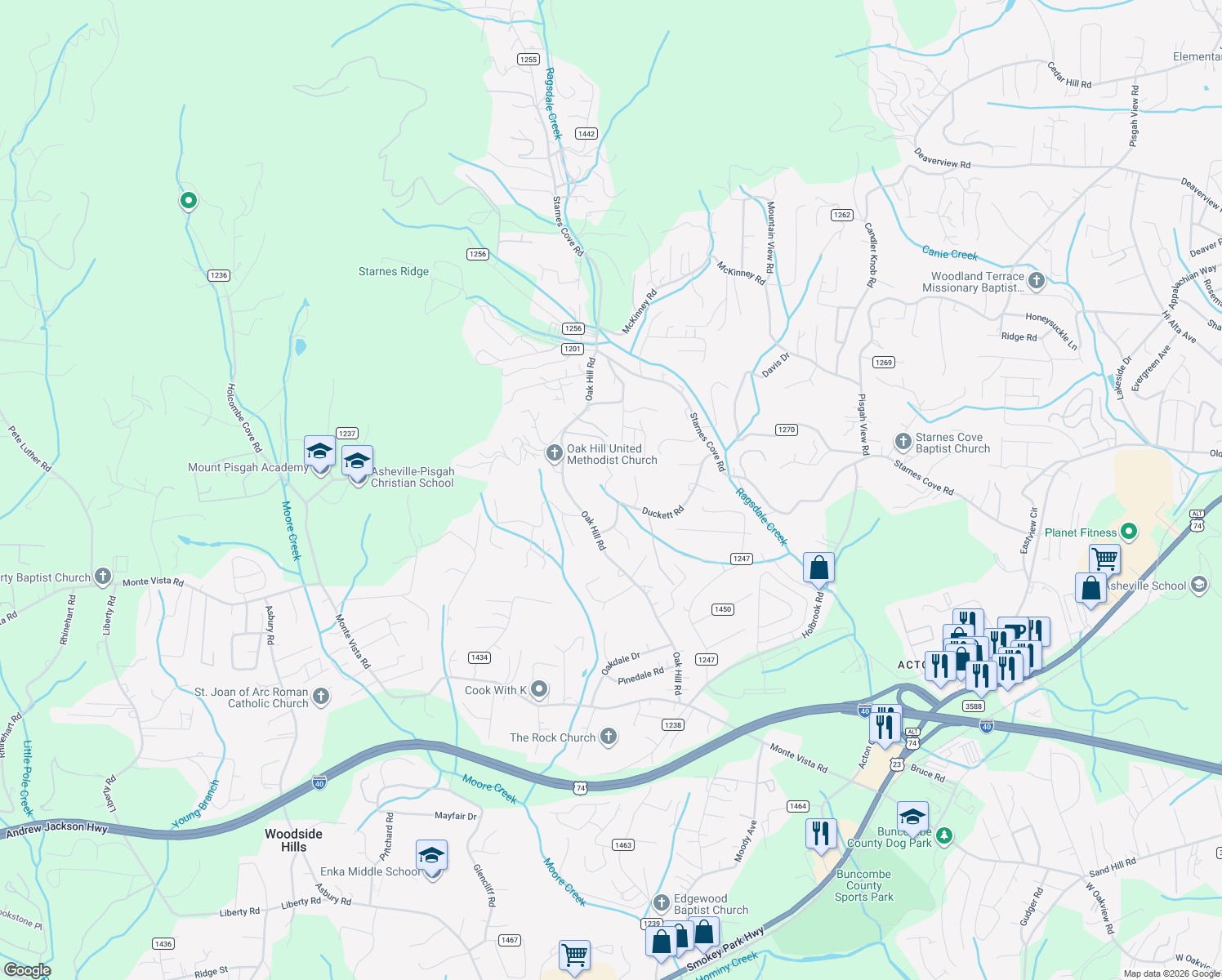 map of restaurants, bars, coffee shops, grocery stores, and more near 14 Grandmas Path in Candler