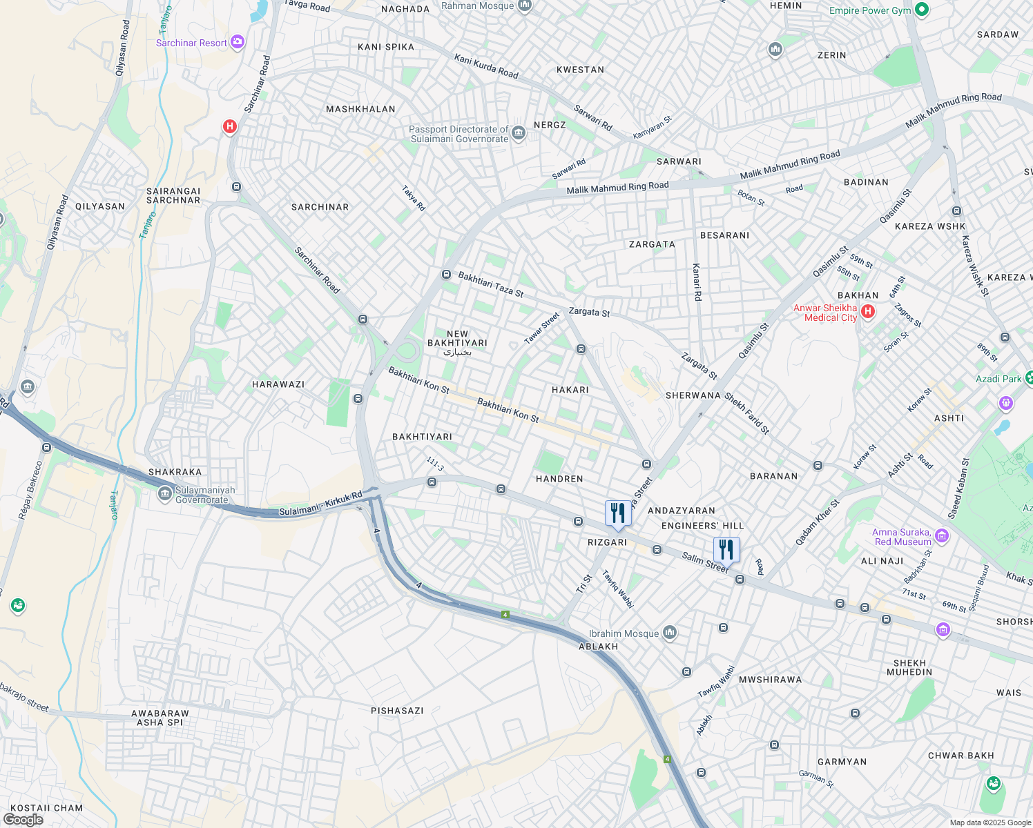 map of restaurants, bars, coffee shops, grocery stores, and more near Bakhtiari Kon Street in Sulaymaniyah