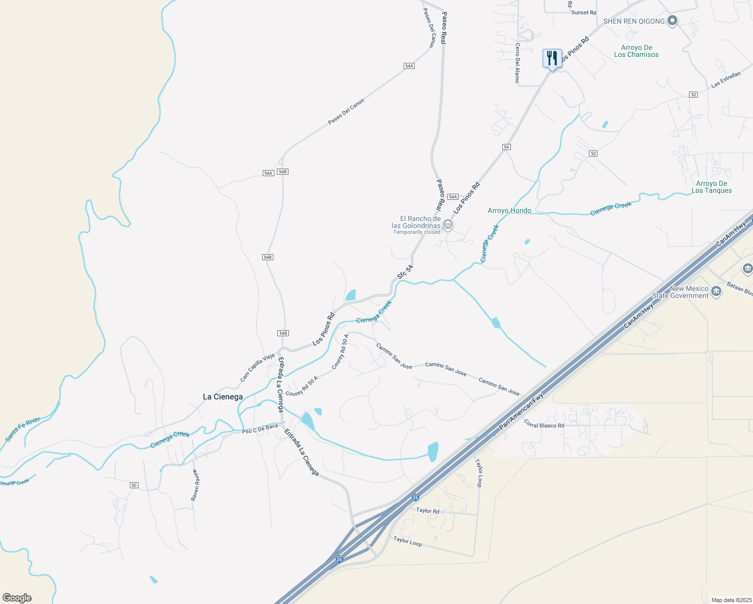map of restaurants, bars, coffee shops, grocery stores, and more near 384 Los Pinos Road in Santa Fe