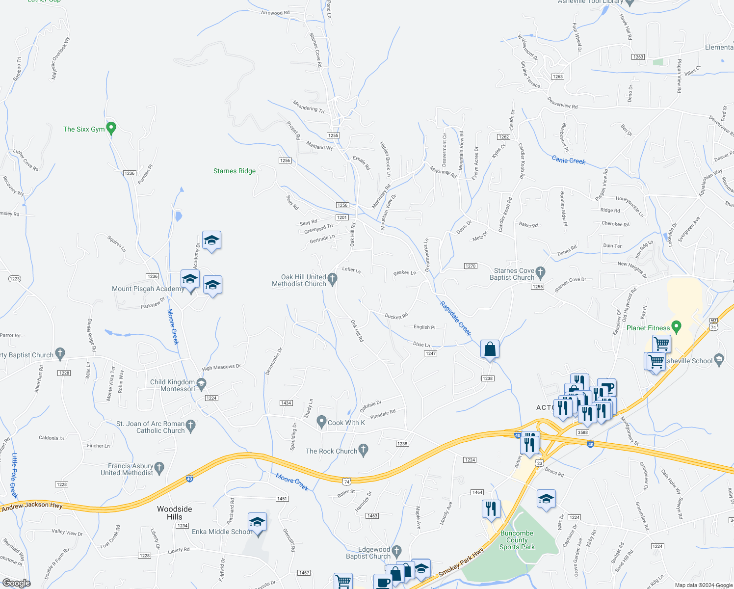 map of restaurants, bars, coffee shops, grocery stores, and more near 22 Grandmas Path in Candler