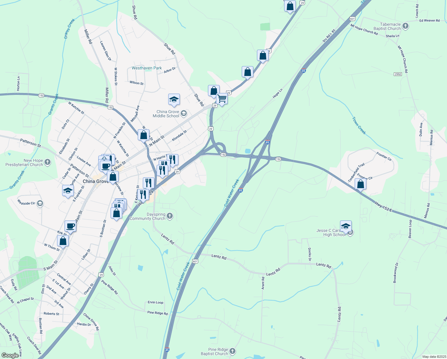 map of restaurants, bars, coffee shops, grocery stores, and more near 290 Ketchie Estates Road in China Grove