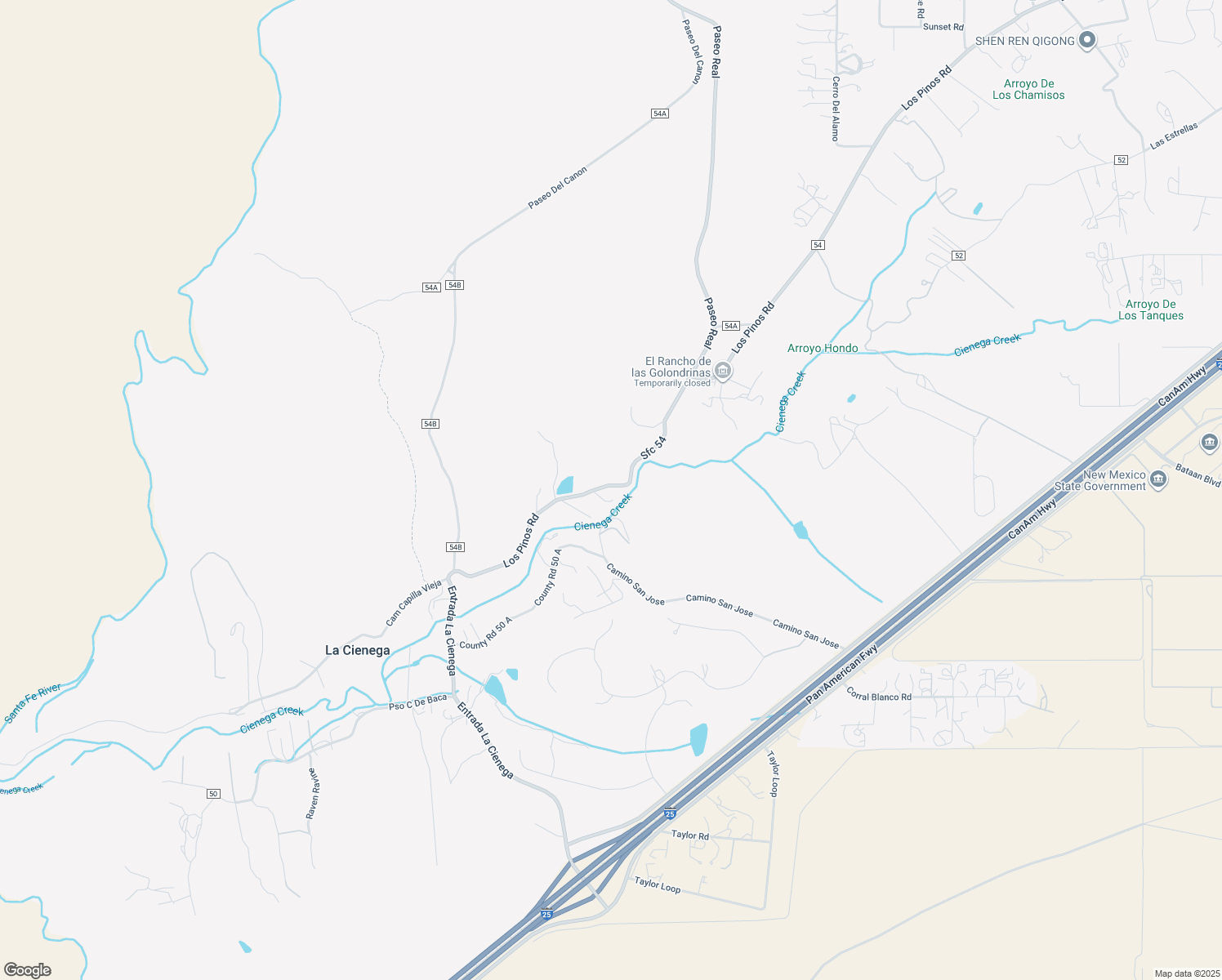 map of restaurants, bars, coffee shops, grocery stores, and more near 384 Los Pinos Road in Santa Fe