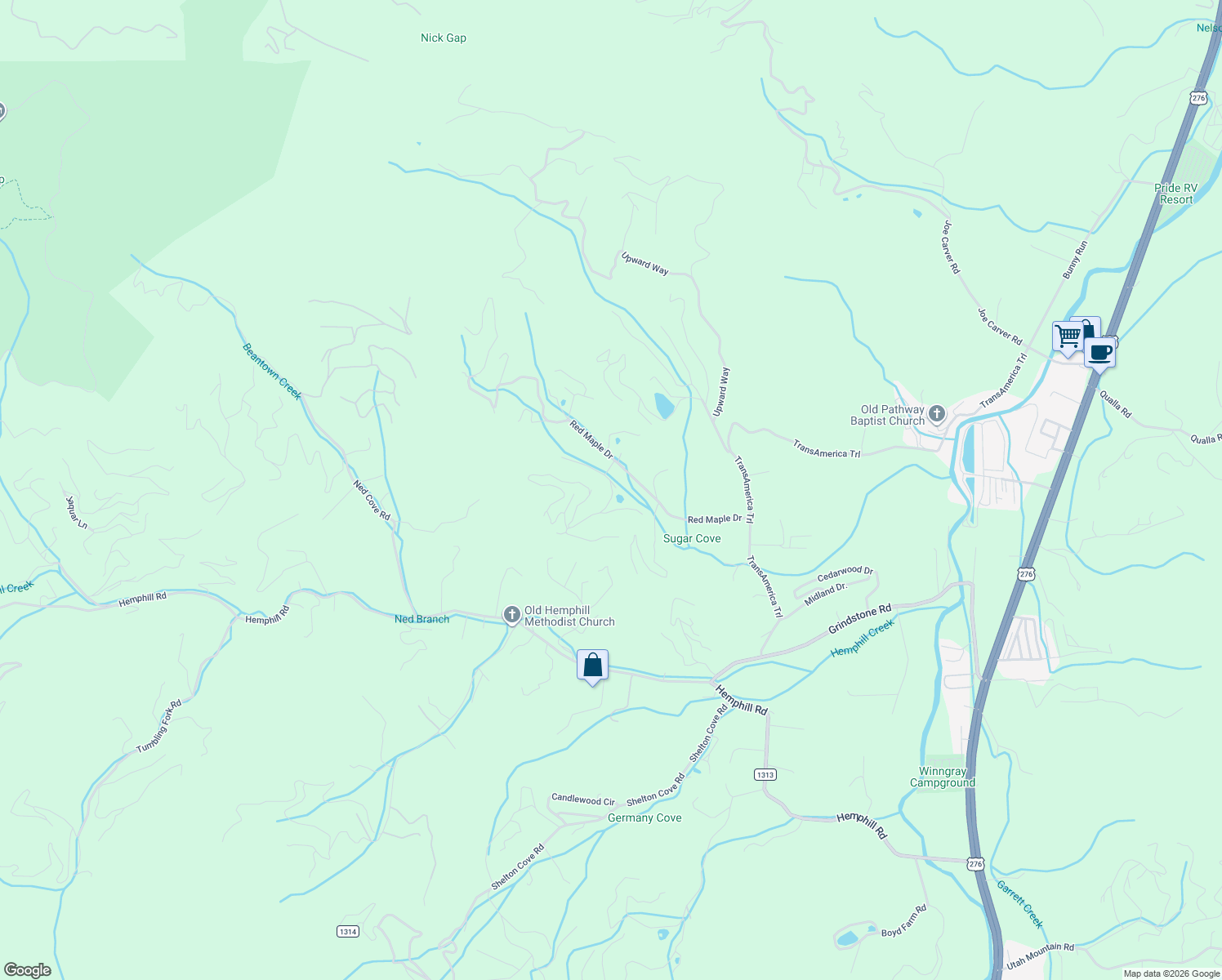 map of restaurants, bars, coffee shops, grocery stores, and more near 104 Hanks Road in Waynesville