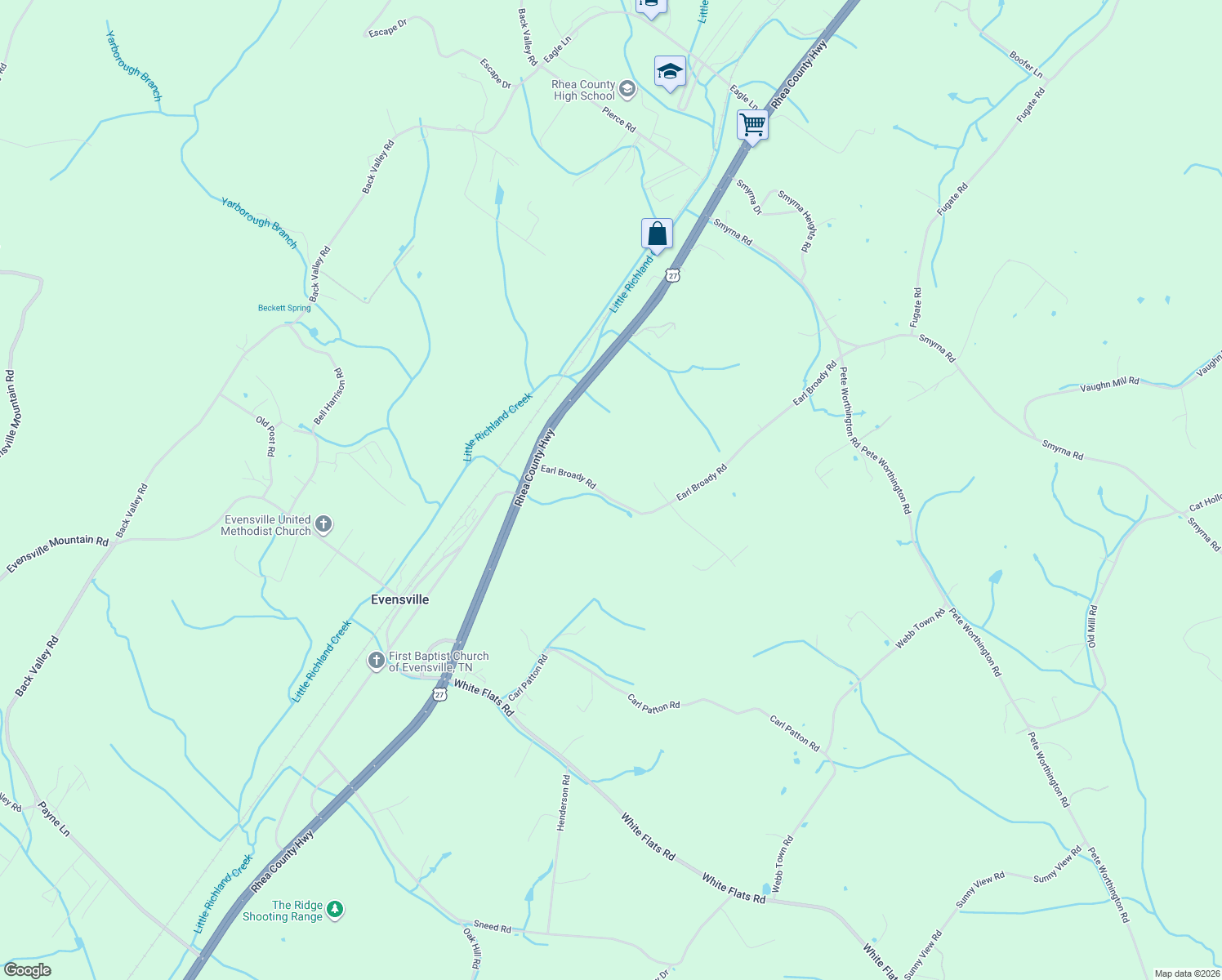map of restaurants, bars, coffee shops, grocery stores, and more near 375 Earl Broady Road in Evensville