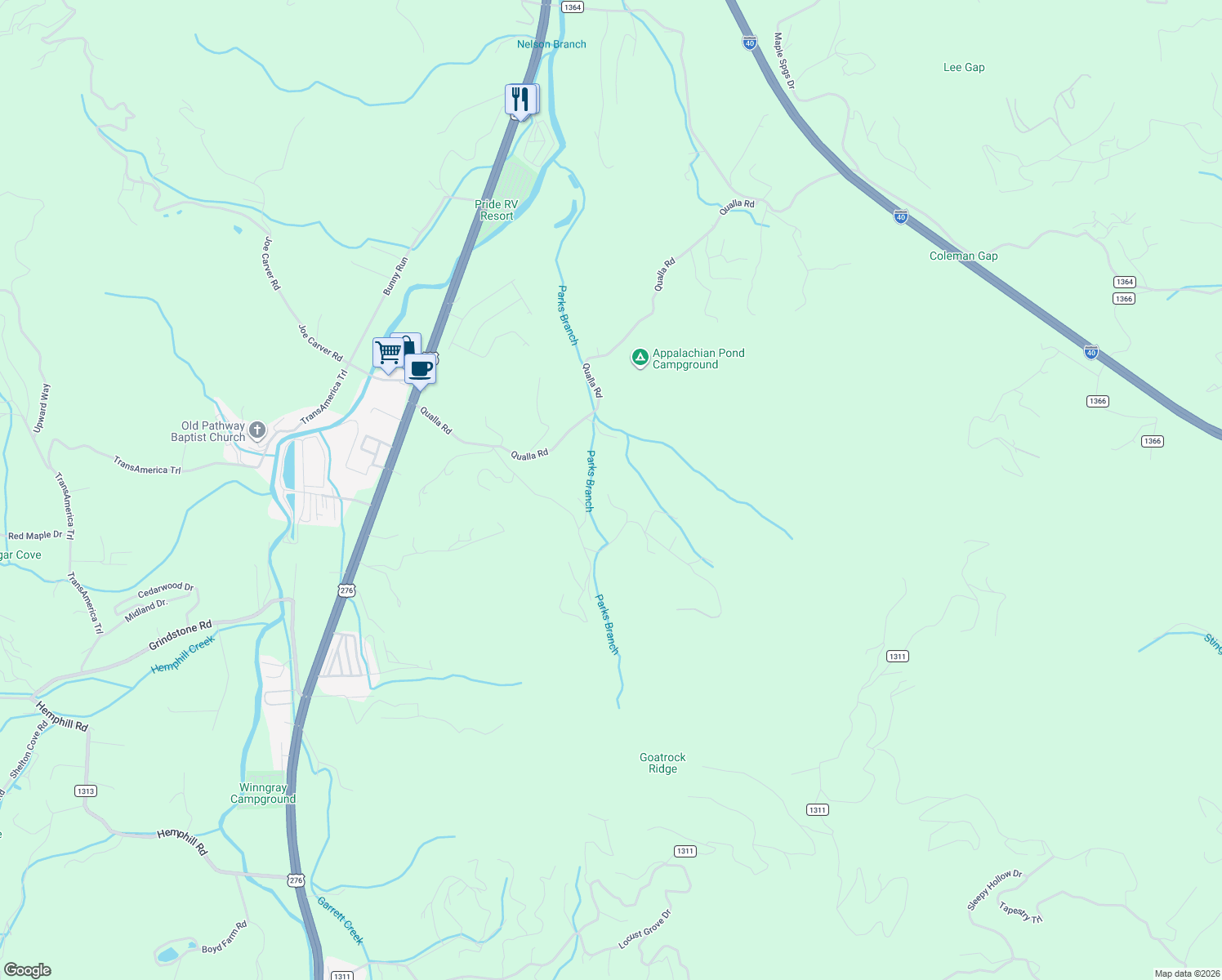 map of restaurants, bars, coffee shops, grocery stores, and more near 96 Tibi Lane in Waynesville