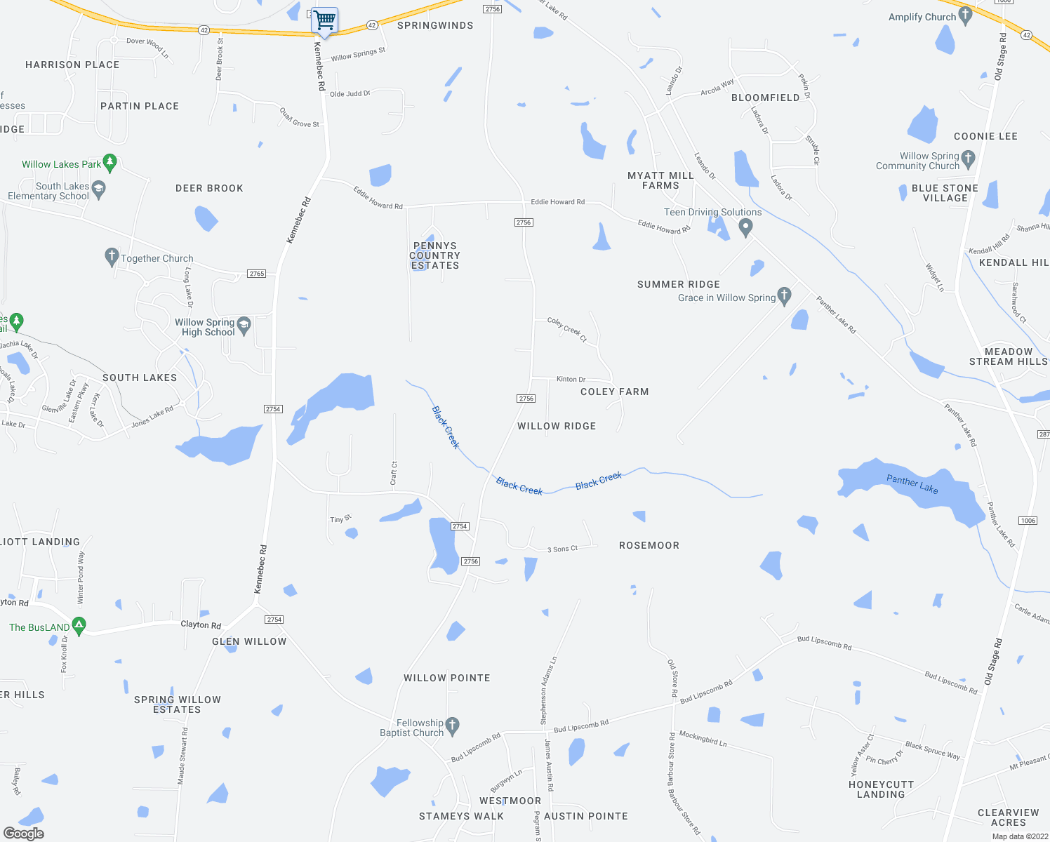 map of restaurants, bars, coffee shops, grocery stores, and more near 8901 Walter Myatt Road in Wake County