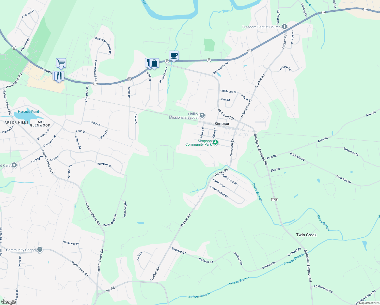 map of restaurants, bars, coffee shops, grocery stores, and more near 2552 Plumosa Drive in Grimesland