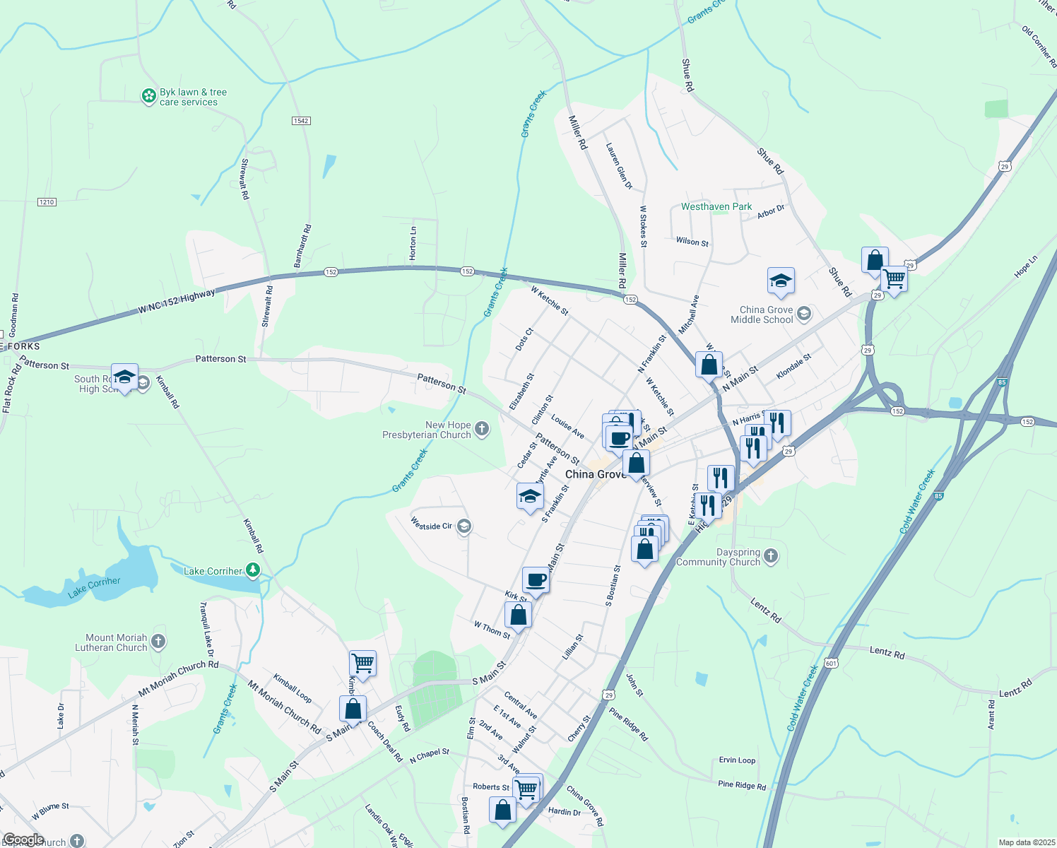 map of restaurants, bars, coffee shops, grocery stores, and more near 512 Patterson Street in China Grove