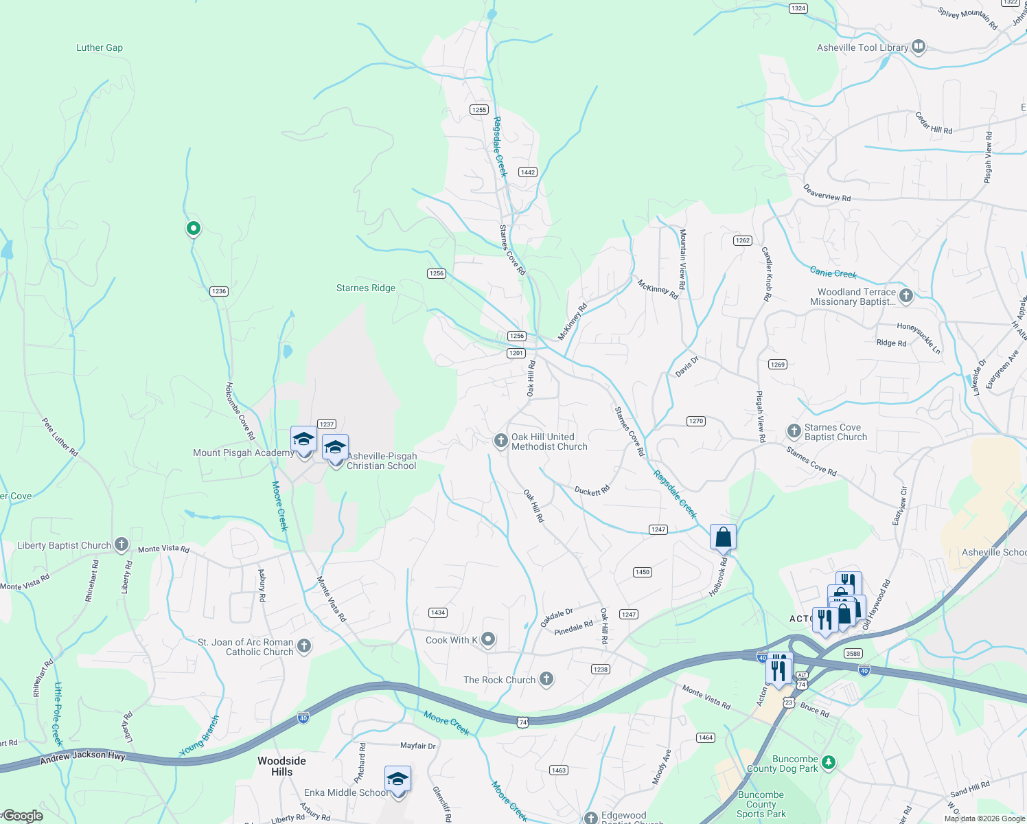 map of restaurants, bars, coffee shops, grocery stores, and more near 7 Gertrude Lane in Candler