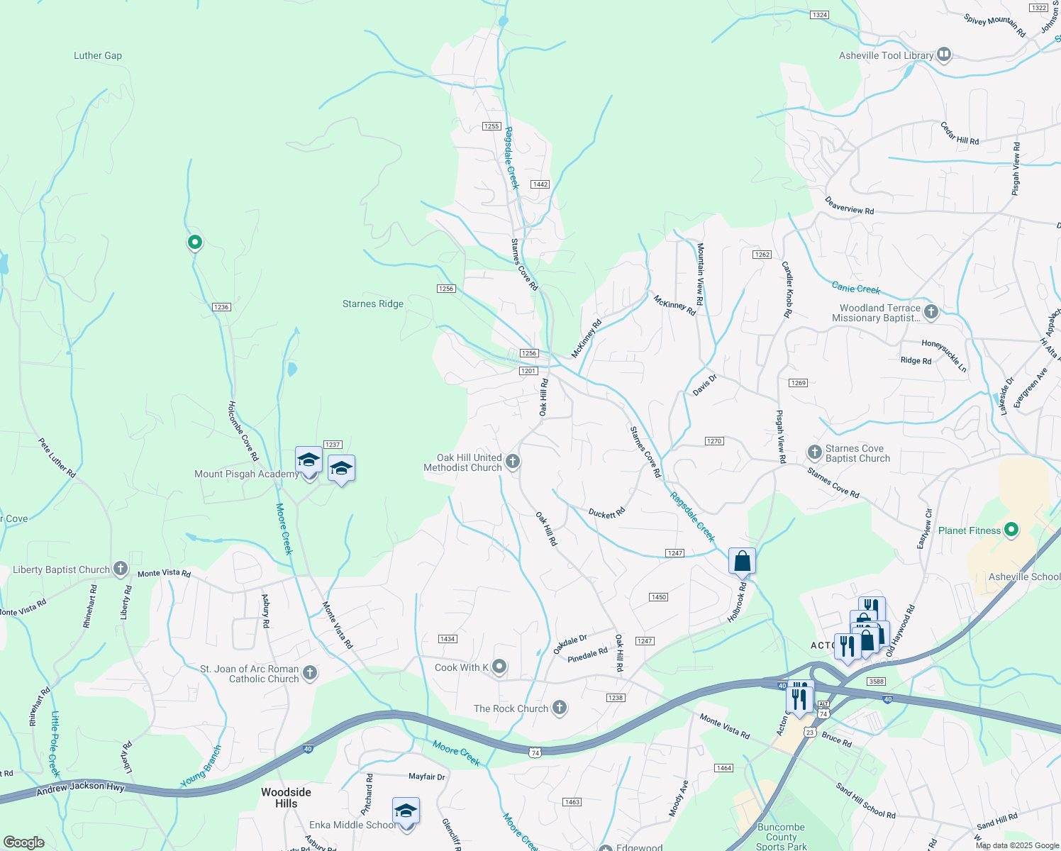 map of restaurants, bars, coffee shops, grocery stores, and more near 7 Gertrude Lane in Candler
