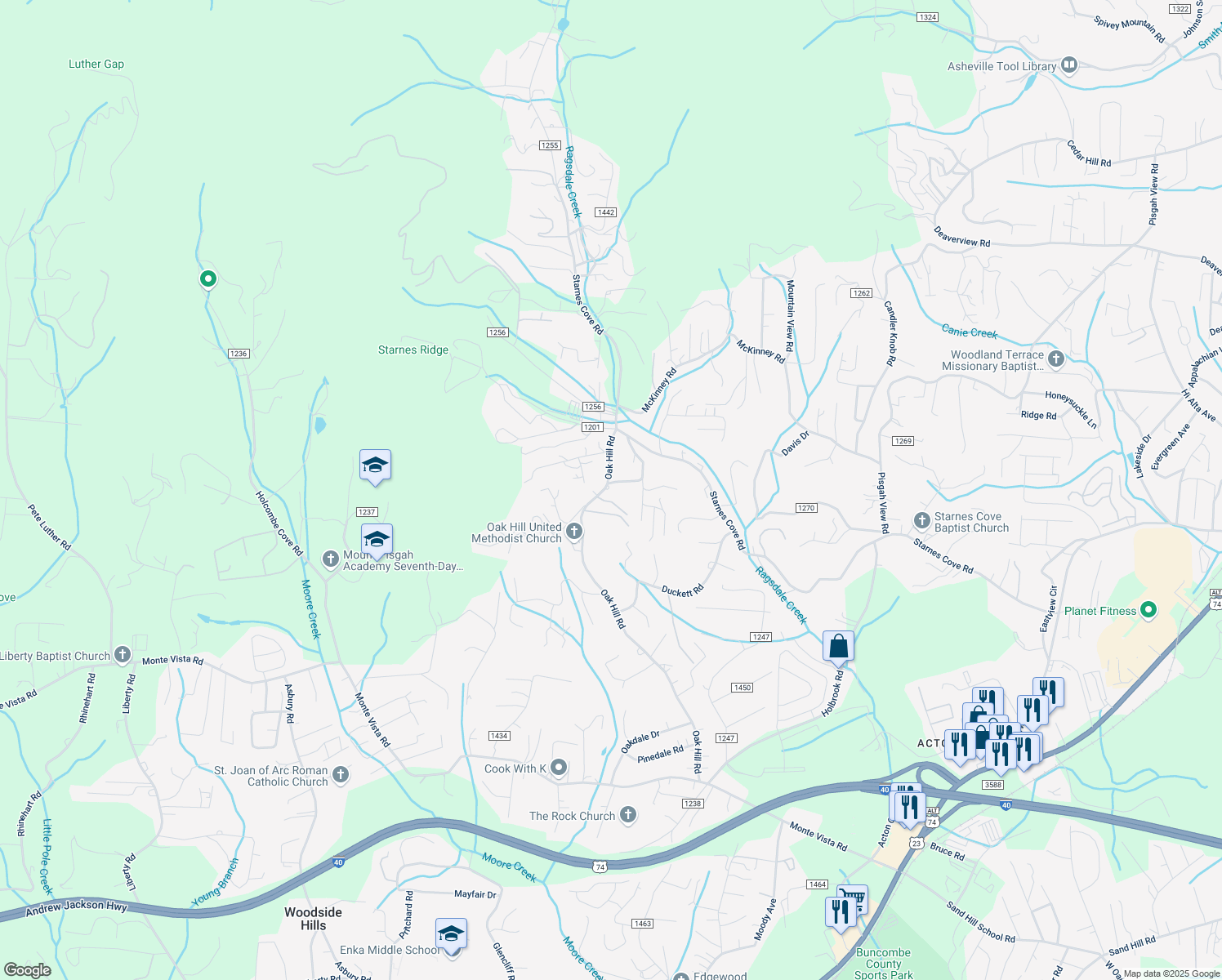 map of restaurants, bars, coffee shops, grocery stores, and more near 326 Oak Hill Road in Candler