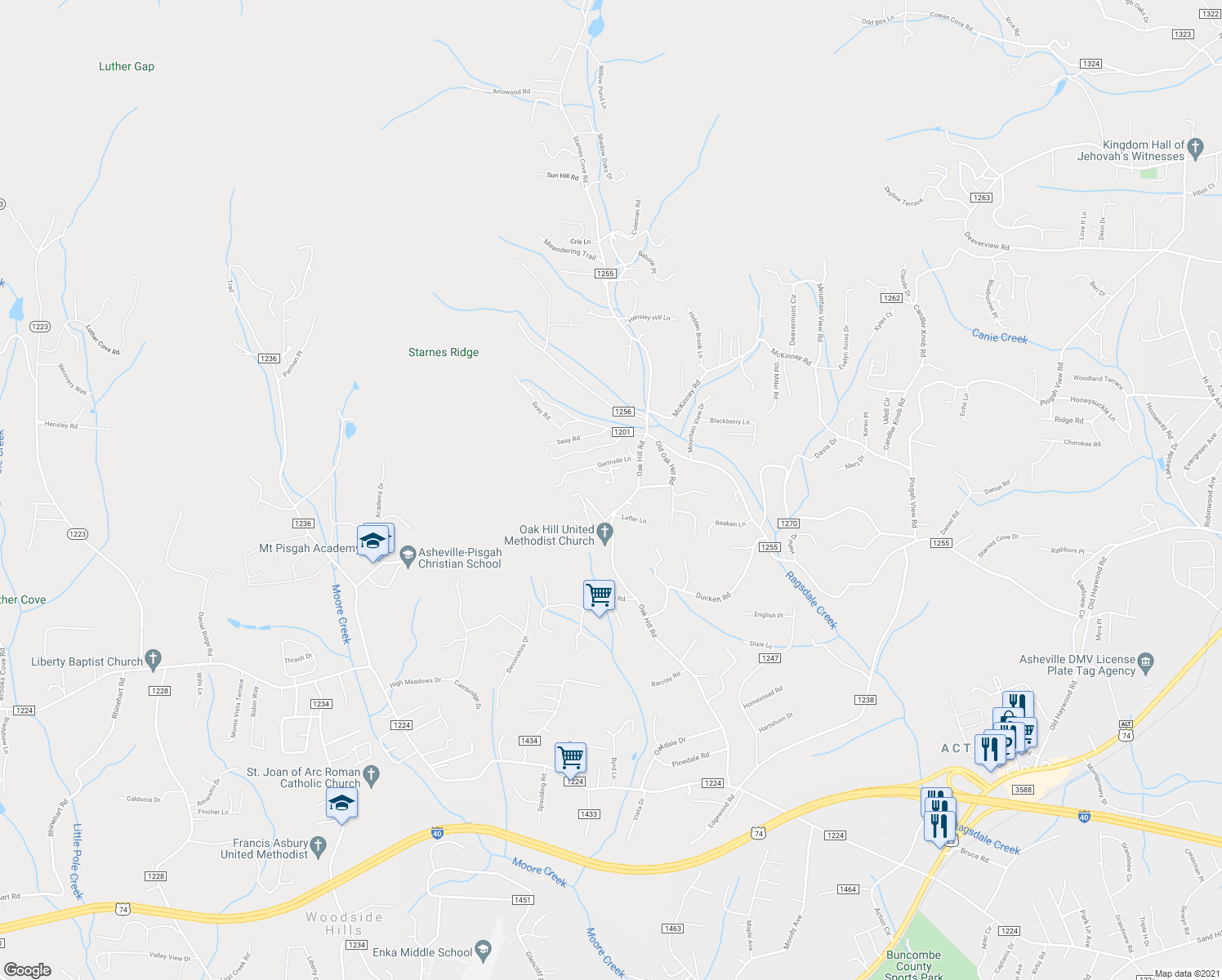 map of restaurants, bars, coffee shops, grocery stores, and more near 7 Gertrude Lane in Candler
