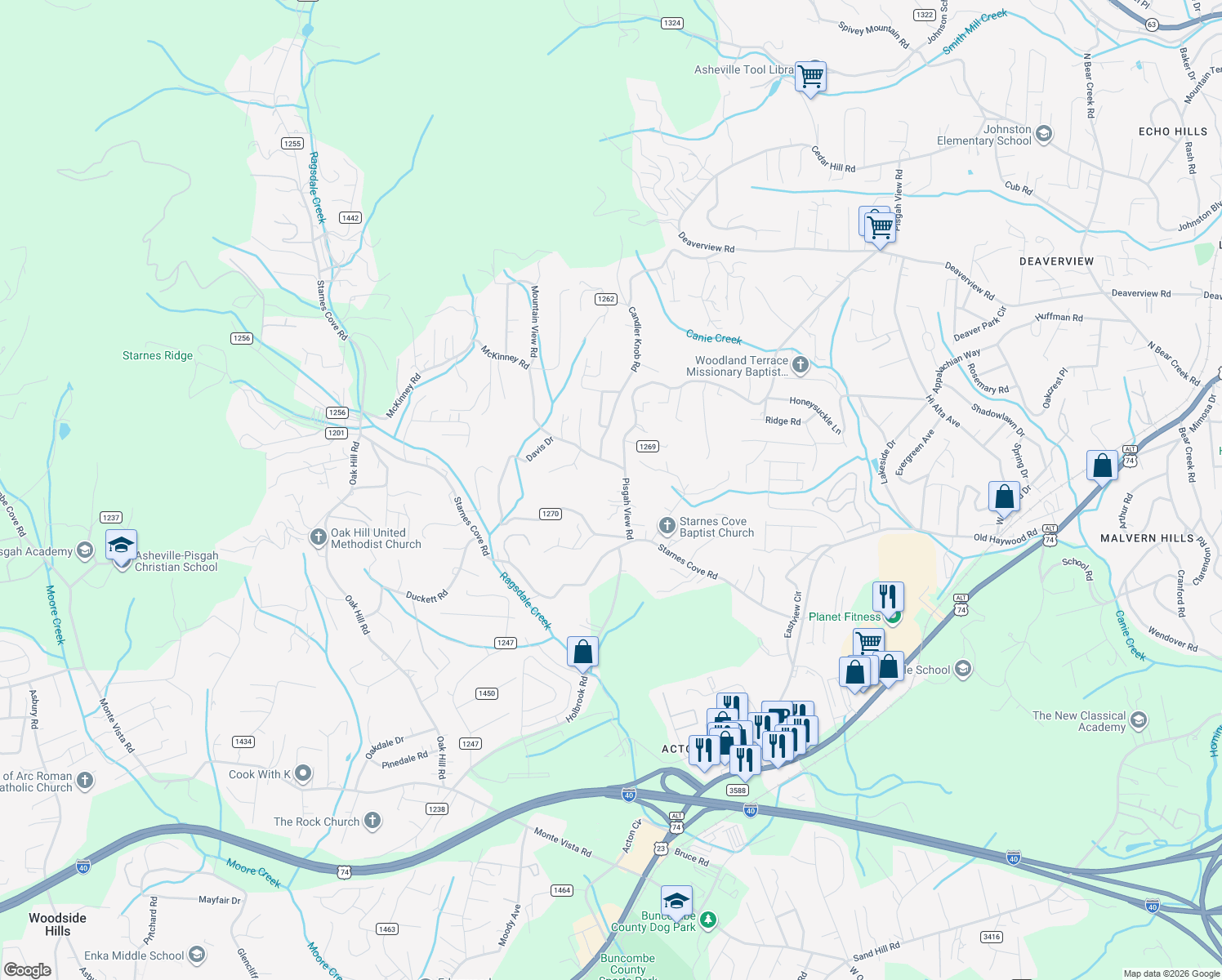 map of restaurants, bars, coffee shops, grocery stores, and more near 279 Pisgah View Road in Asheville