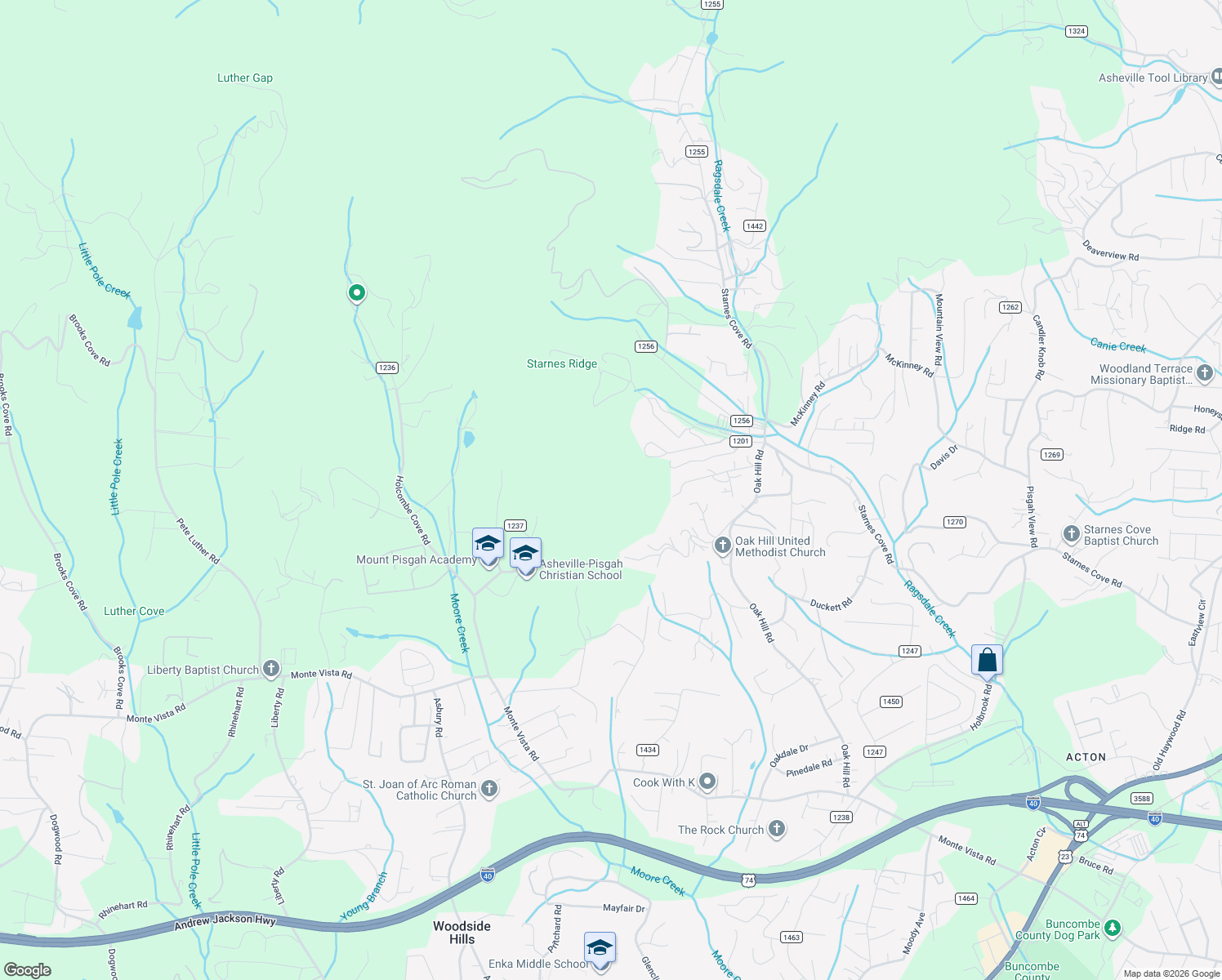 map of restaurants, bars, coffee shops, grocery stores, and more near 126 Red Berry Trail in Buncombe County